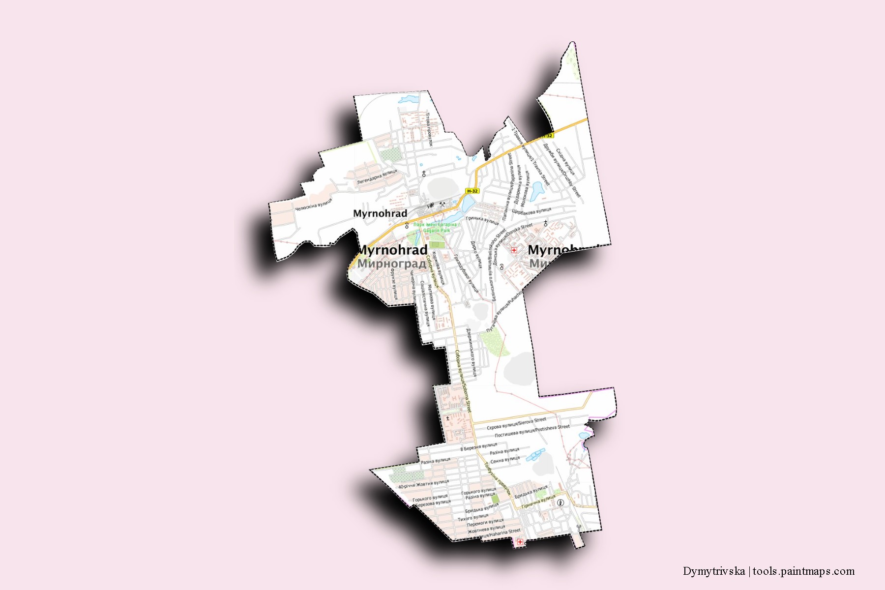 Mapa de barrios y pueblos de Dymytrivska con efecto de sombra 3D