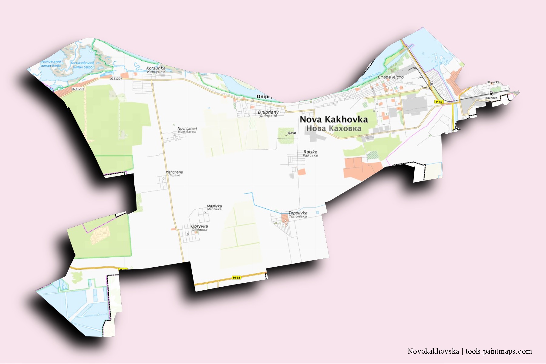 Mapa de barrios y pueblos de Novokakhovska con efecto de sombra 3D