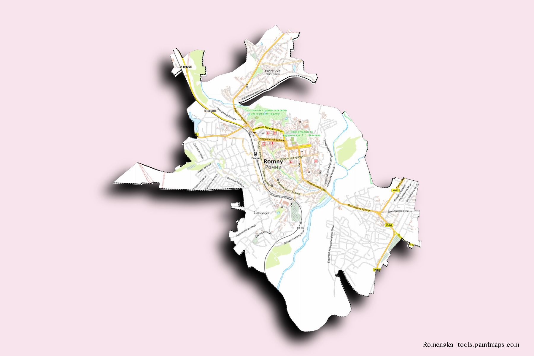 Mapa de barrios y pueblos de Romenska con efecto de sombra 3D