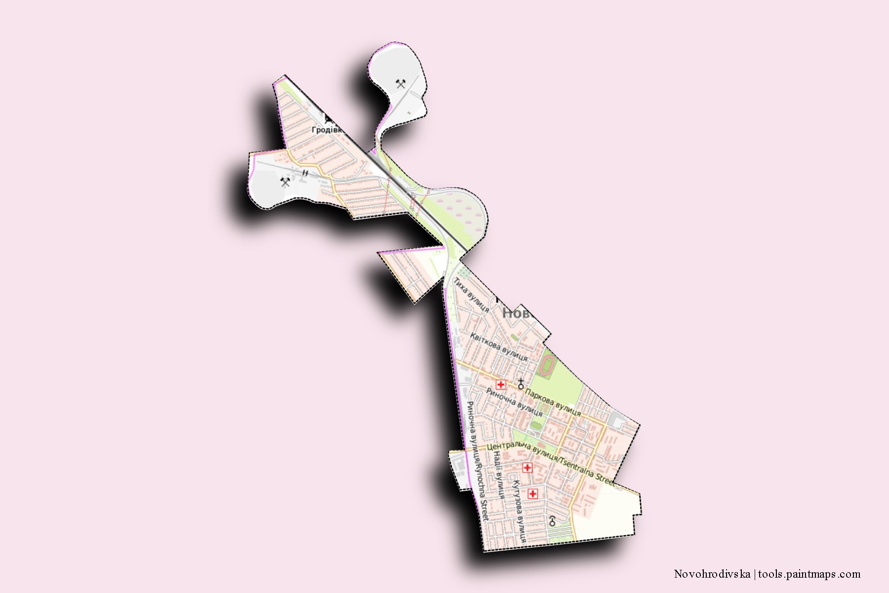 Mapa de barrios y pueblos de Novohrodivska con efecto de sombra 3D