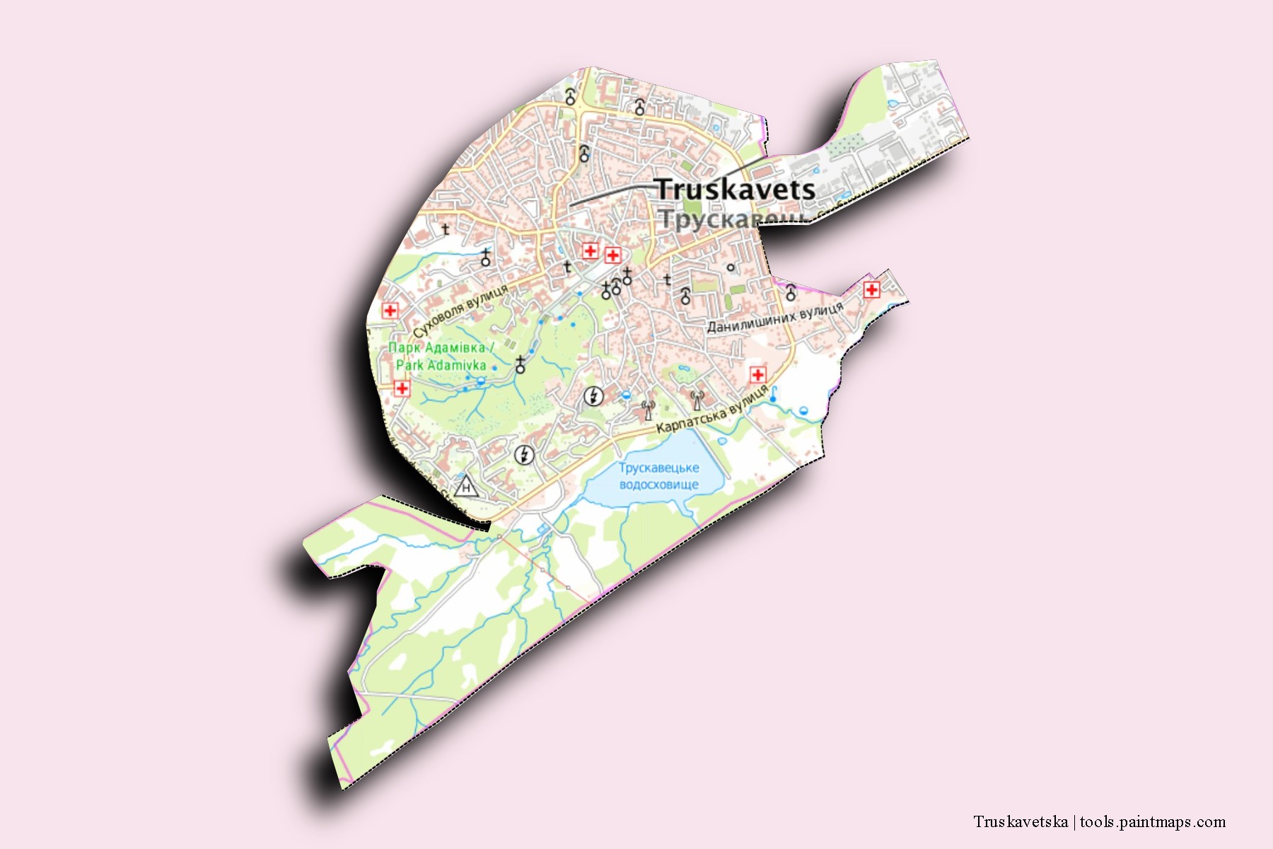 Mapa de barrios y pueblos de Truskavetska con efecto de sombra 3D