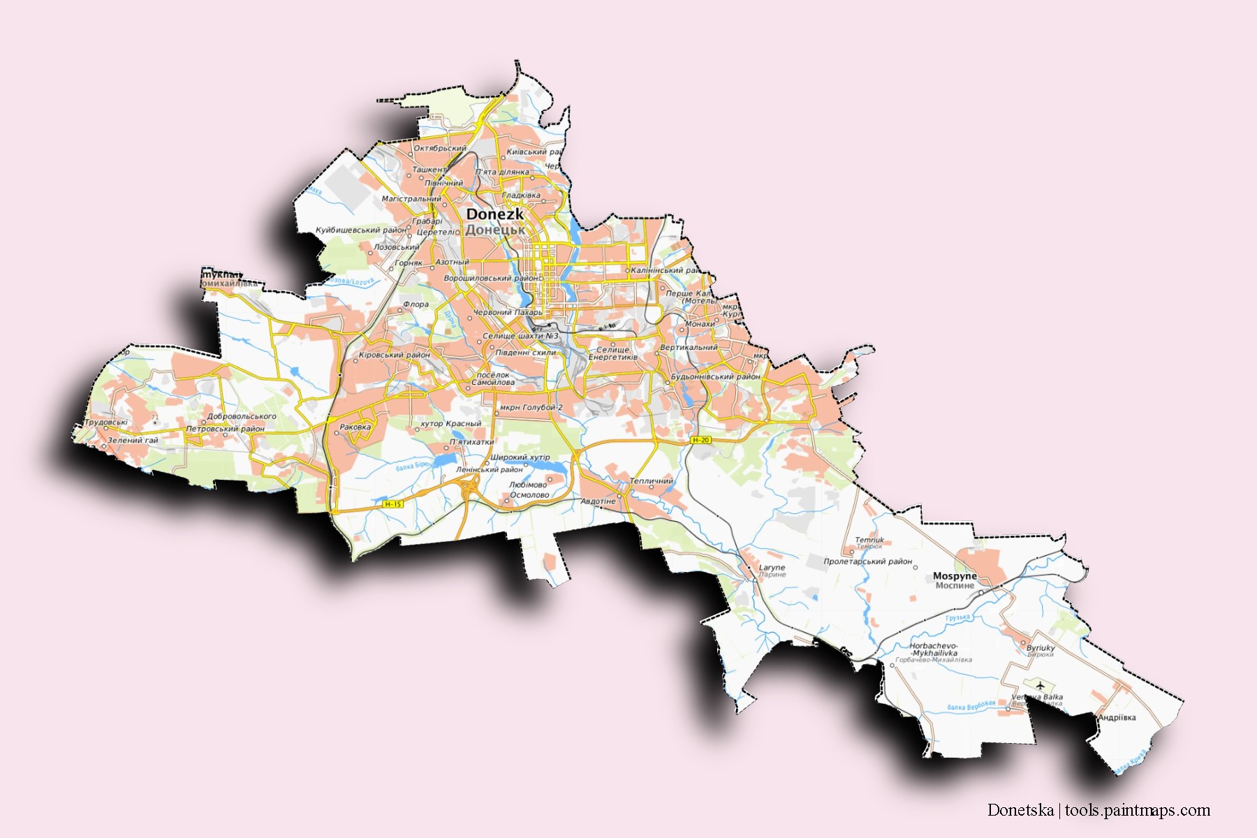 Mapa de barrios y pueblos de Donetska con efecto de sombra 3D