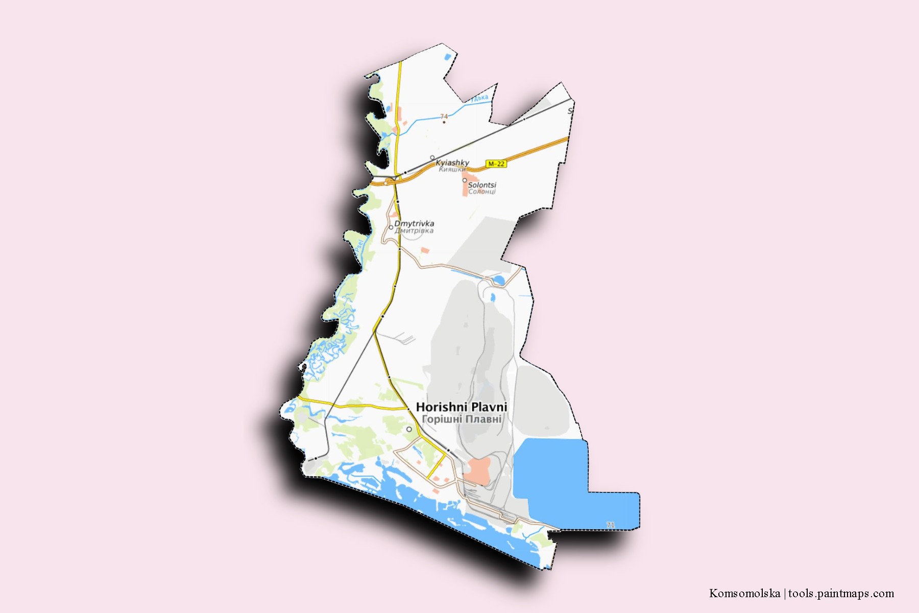 Komsomolska neighborhoods and villages map with 3D shadow effect