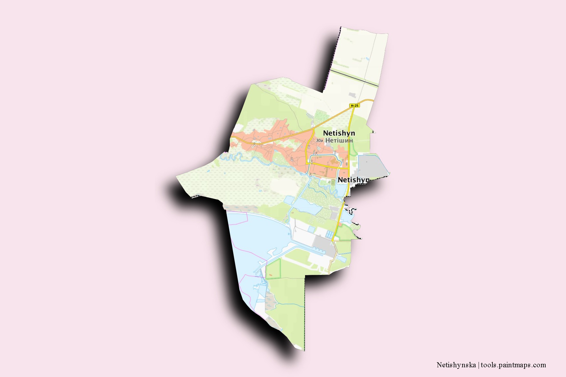 Mapa de barrios y pueblos de Netishynska con efecto de sombra 3D