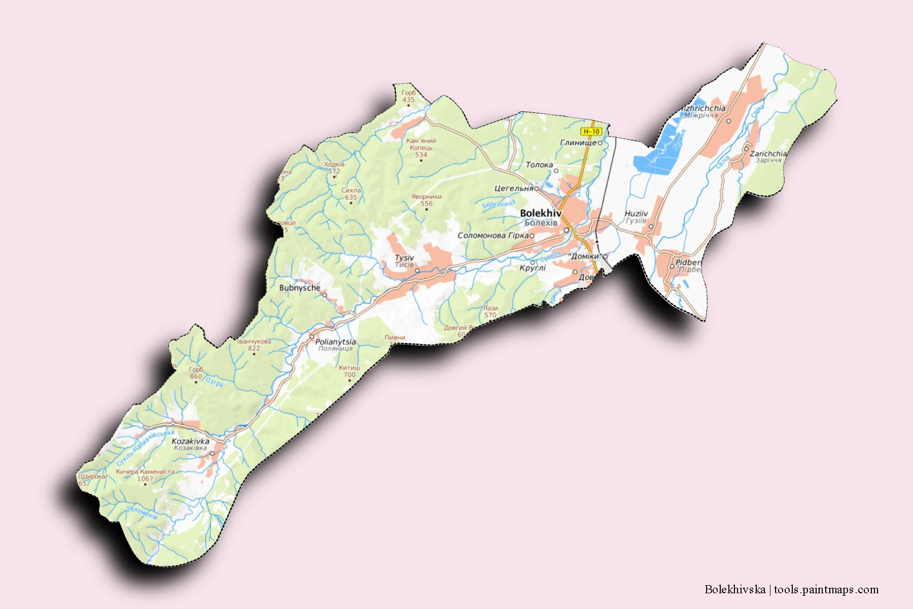 Mapa de barrios y pueblos de Bolekhivska con efecto de sombra 3D