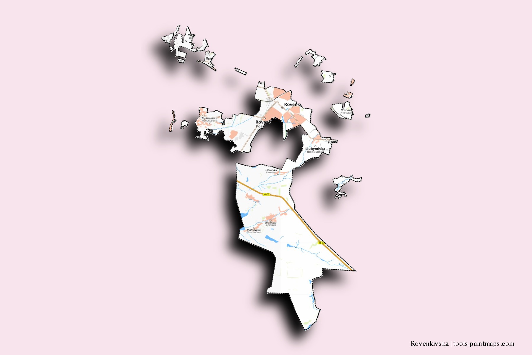 Mapa de barrios y pueblos de Rovenkivska con efecto de sombra 3D