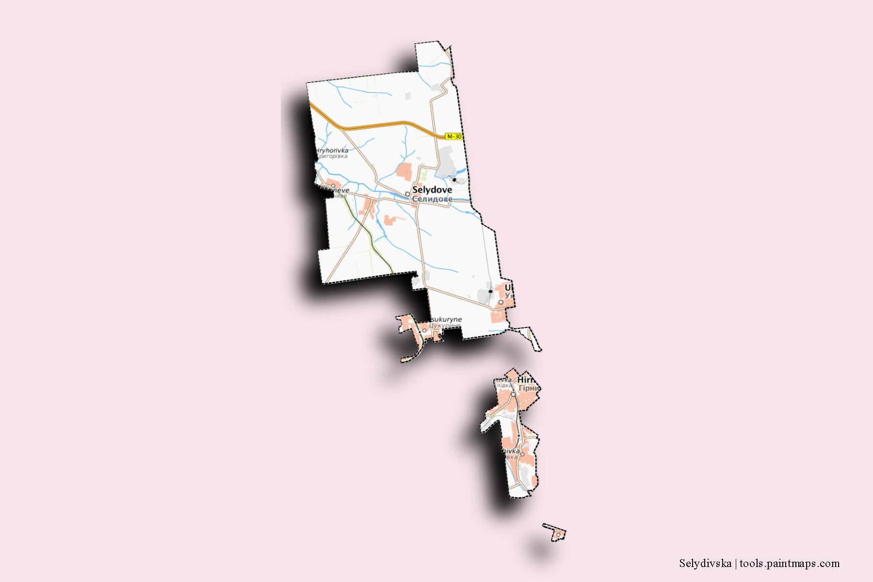 Mapa de barrios y pueblos de Selydivska con efecto de sombra 3D