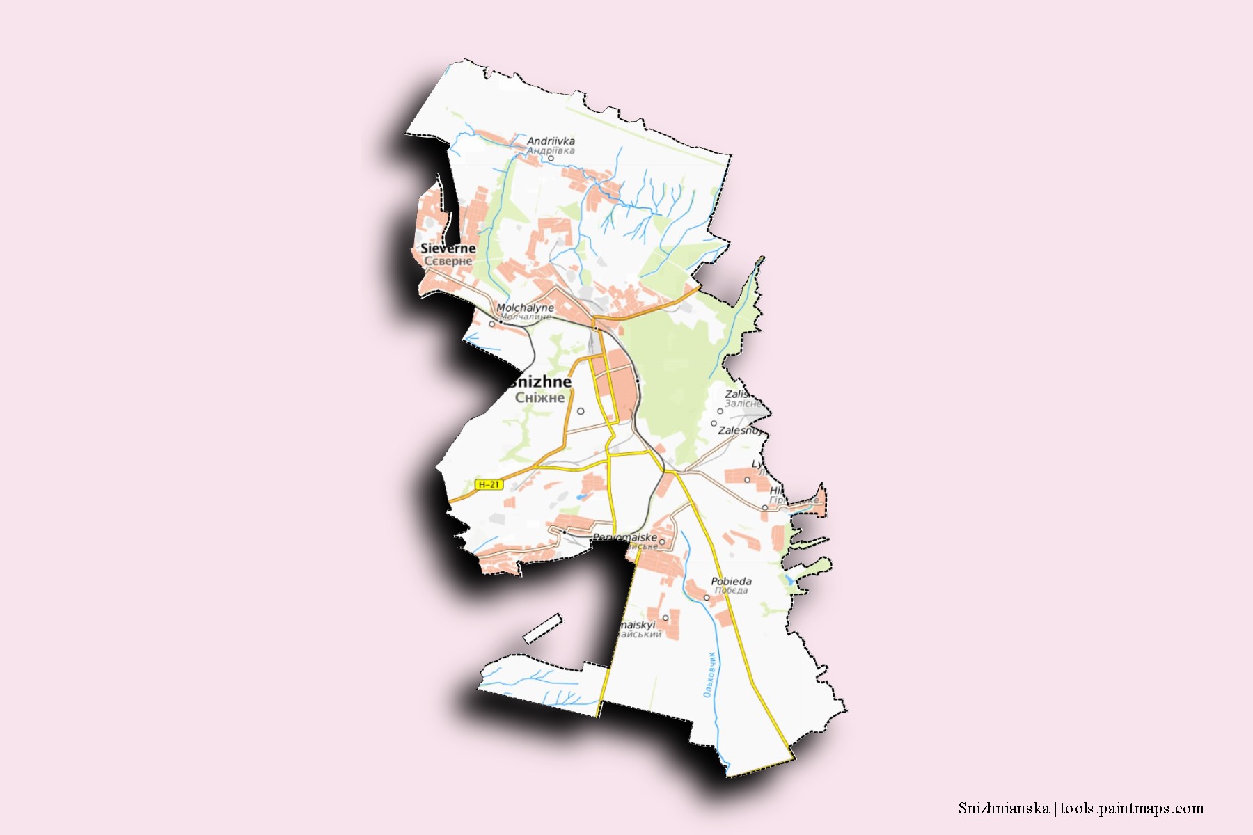 Mapa de barrios y pueblos de Snizhnianska con efecto de sombra 3D