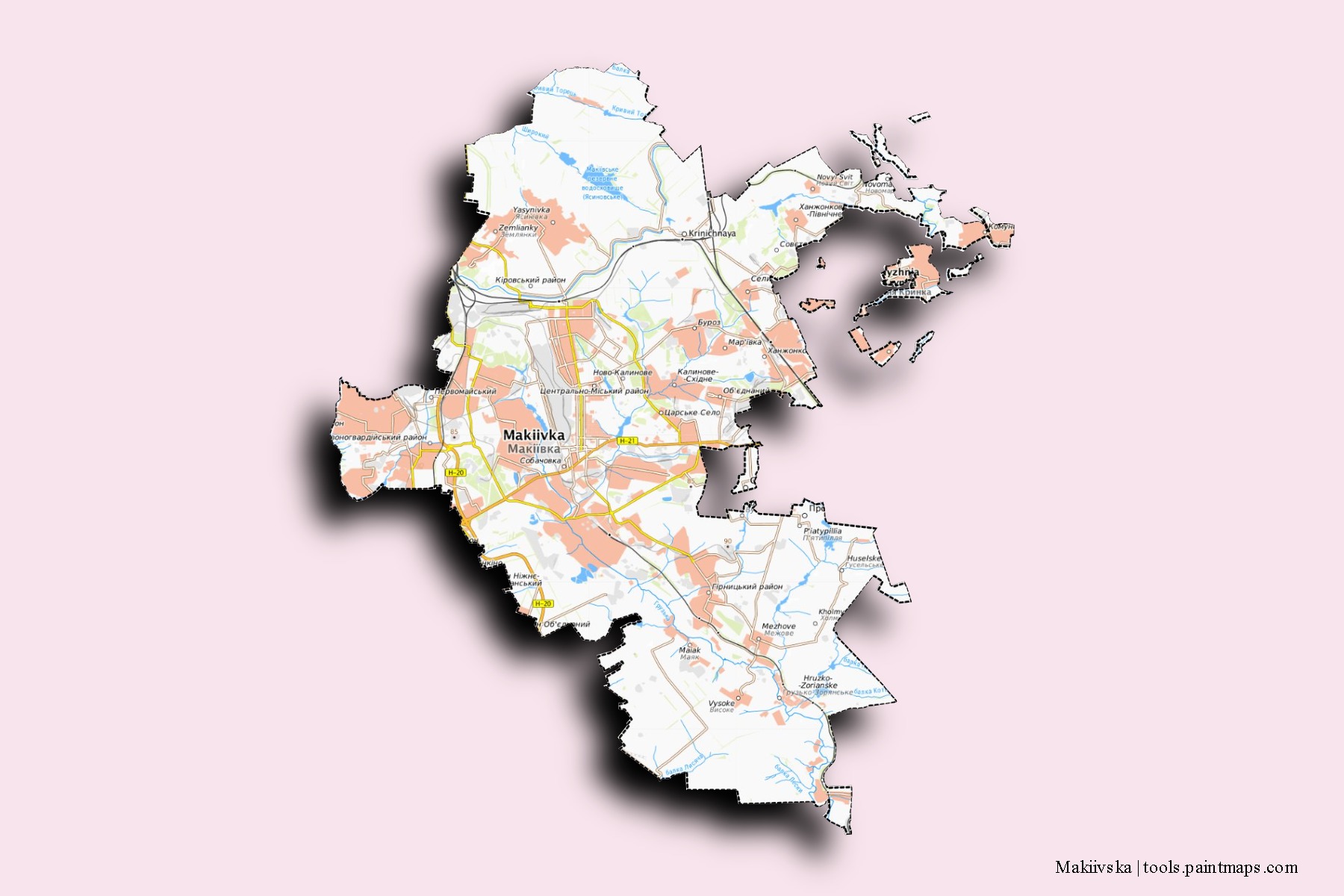 Makiivska neighborhoods and villages map with 3D shadow effect