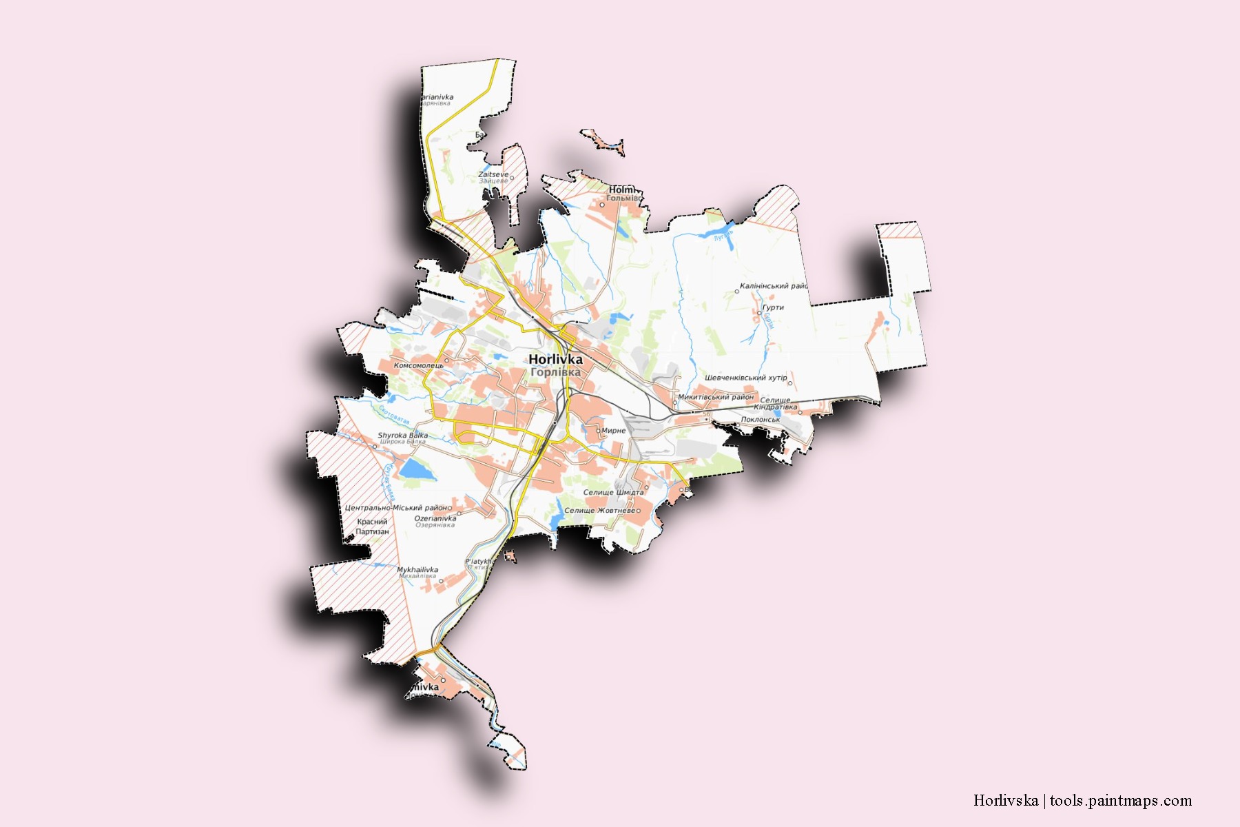 Mapa de barrios y pueblos de Horlivska con efecto de sombra 3D