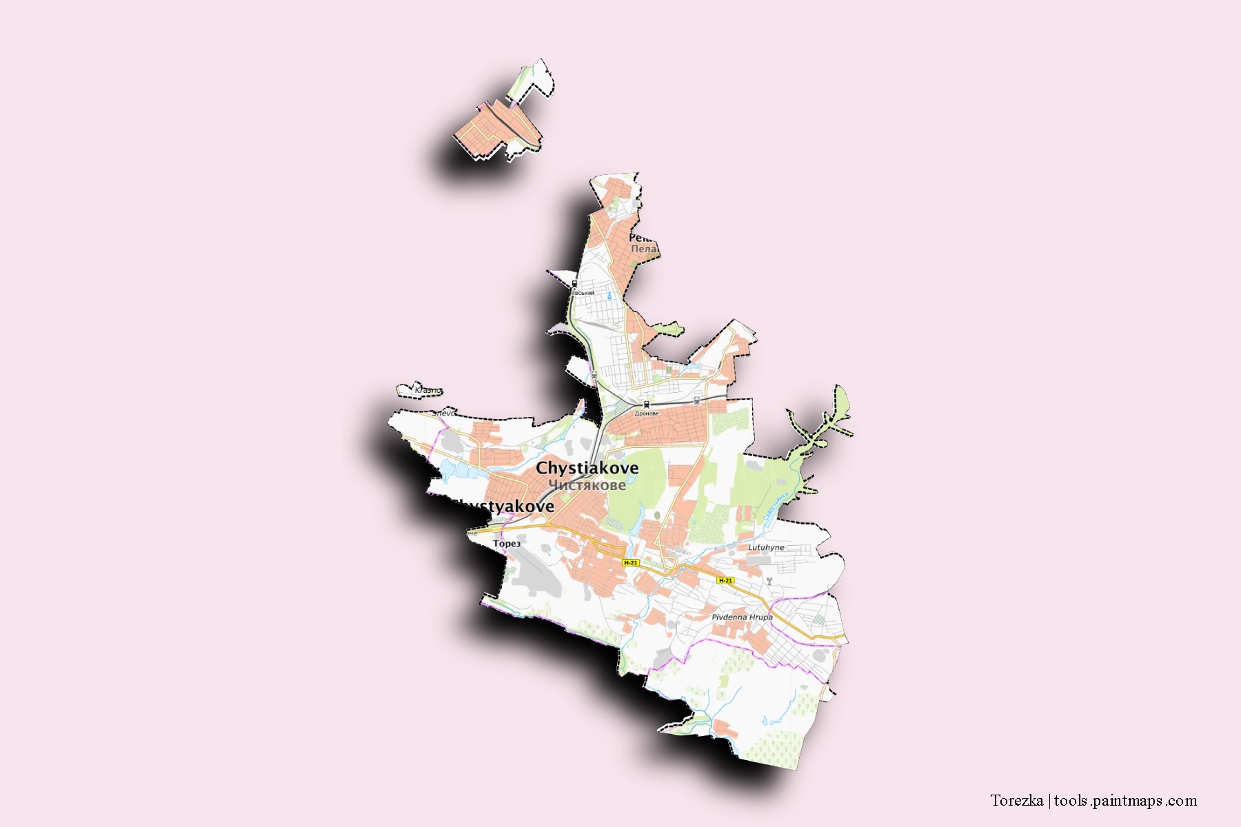 Mapa de barrios y pueblos de Torezka con efecto de sombra 3D