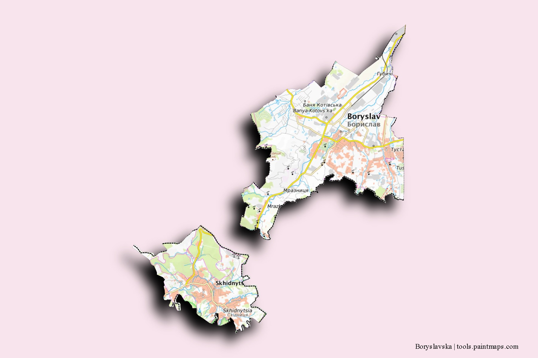 Mapa de barrios y pueblos de Boryslavska con efecto de sombra 3D