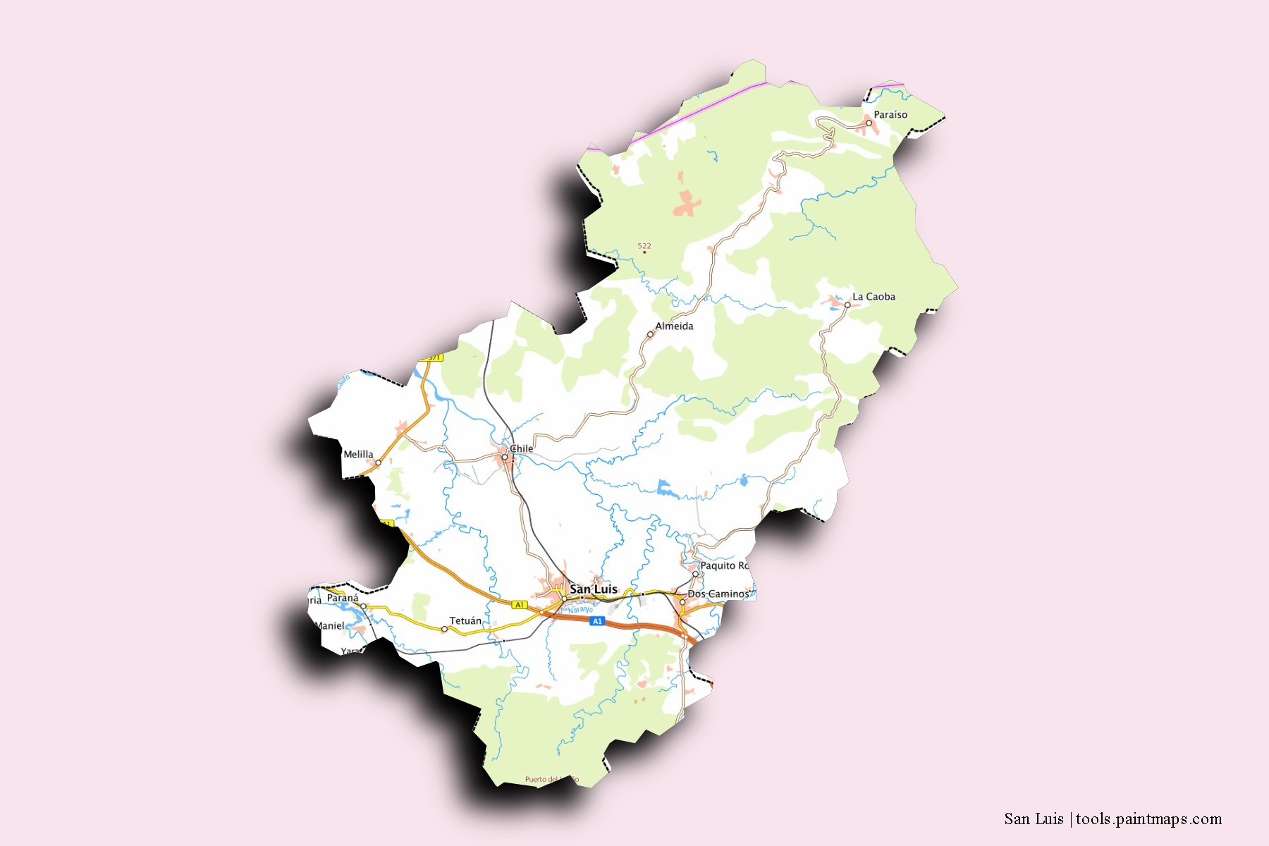 San Luis neighborhoods and villages map with 3D shadow effect