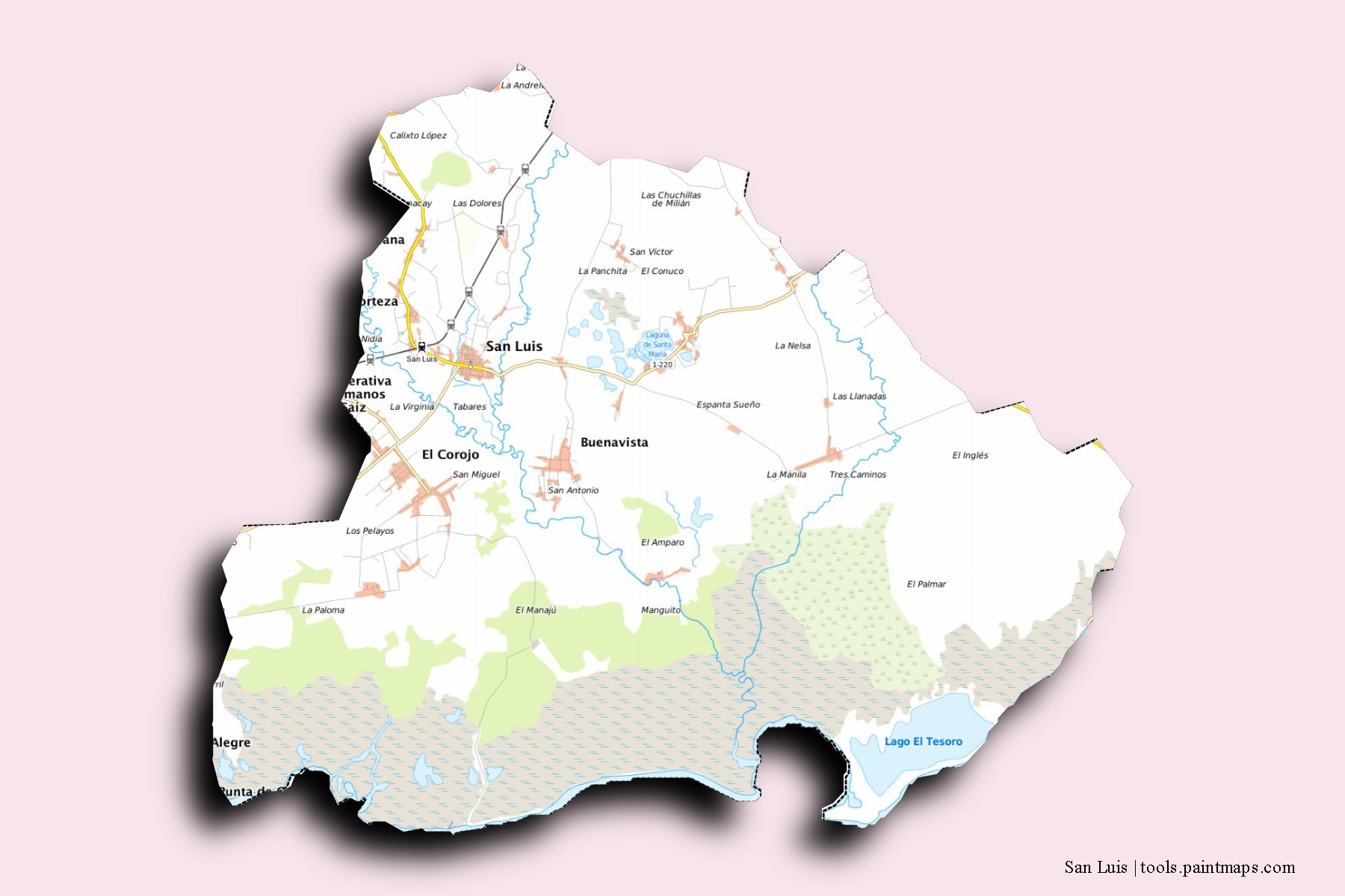 Mapa de barrios y pueblos de San Luis con efecto de sombra 3D