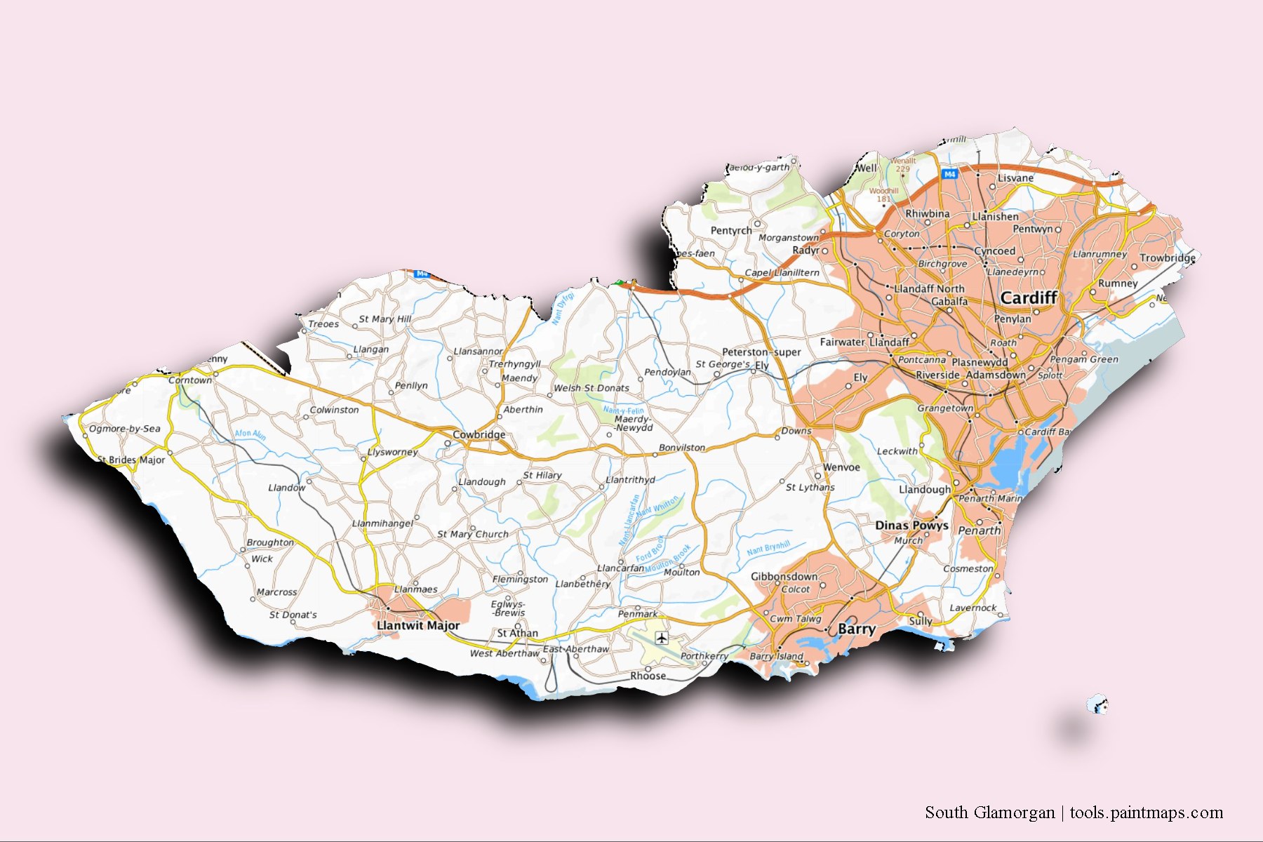 Mapa de South Glamorgan y sus distritos con efecto de sombra 3D