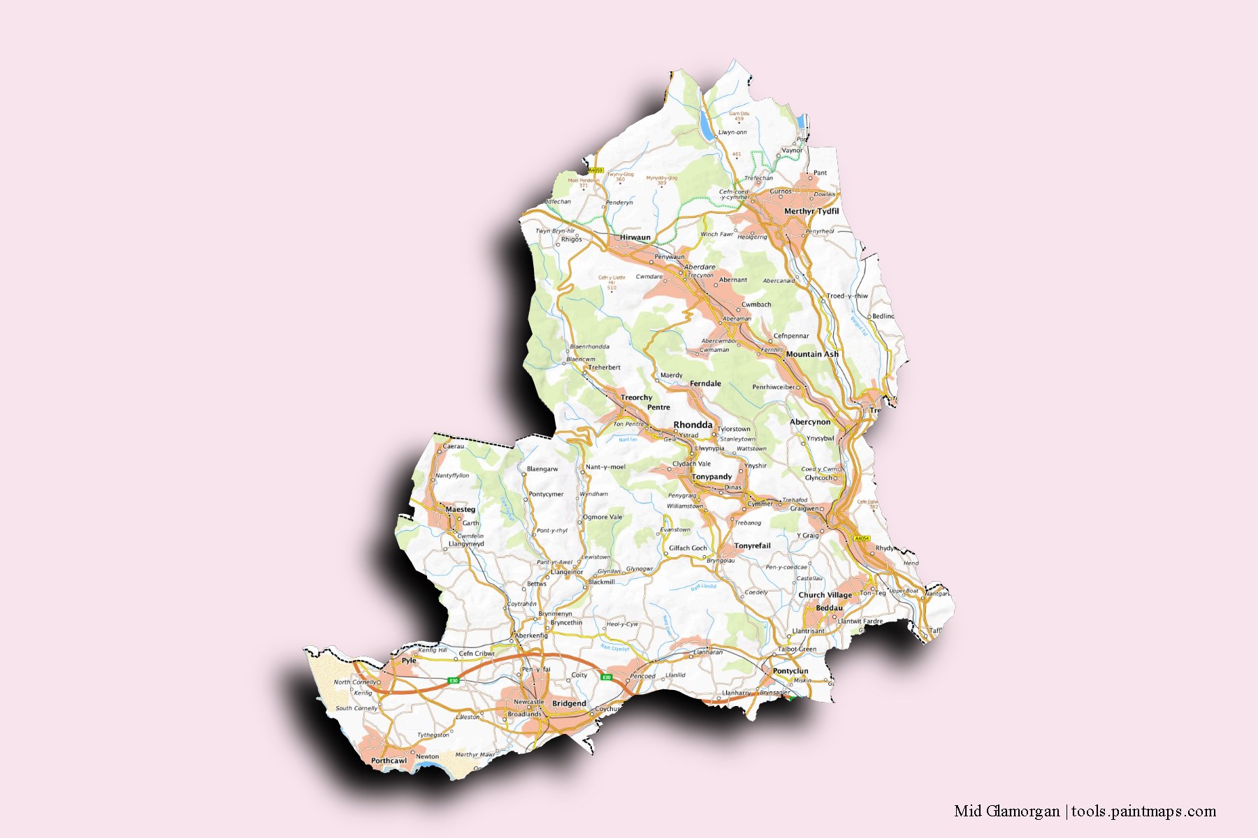 3D gölge efektli Mid Glamorgan ve ilçeleri haritası