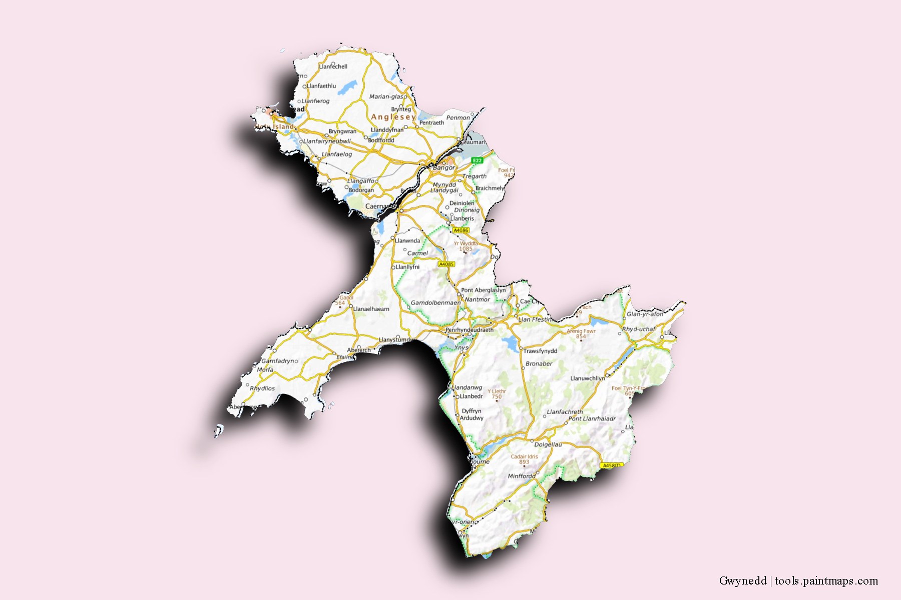 Gwynedd and counties map with 3D shadow effect