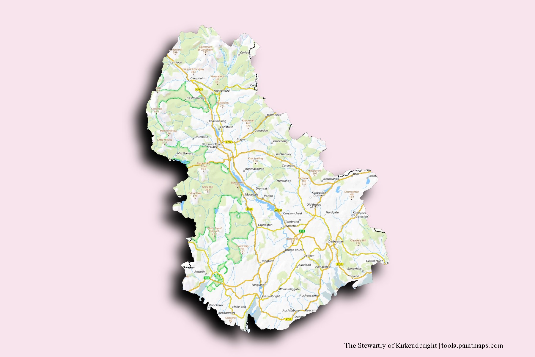 Mapa de The Stewartry of Kirkcudbright y sus distritos con efecto de sombra 3D