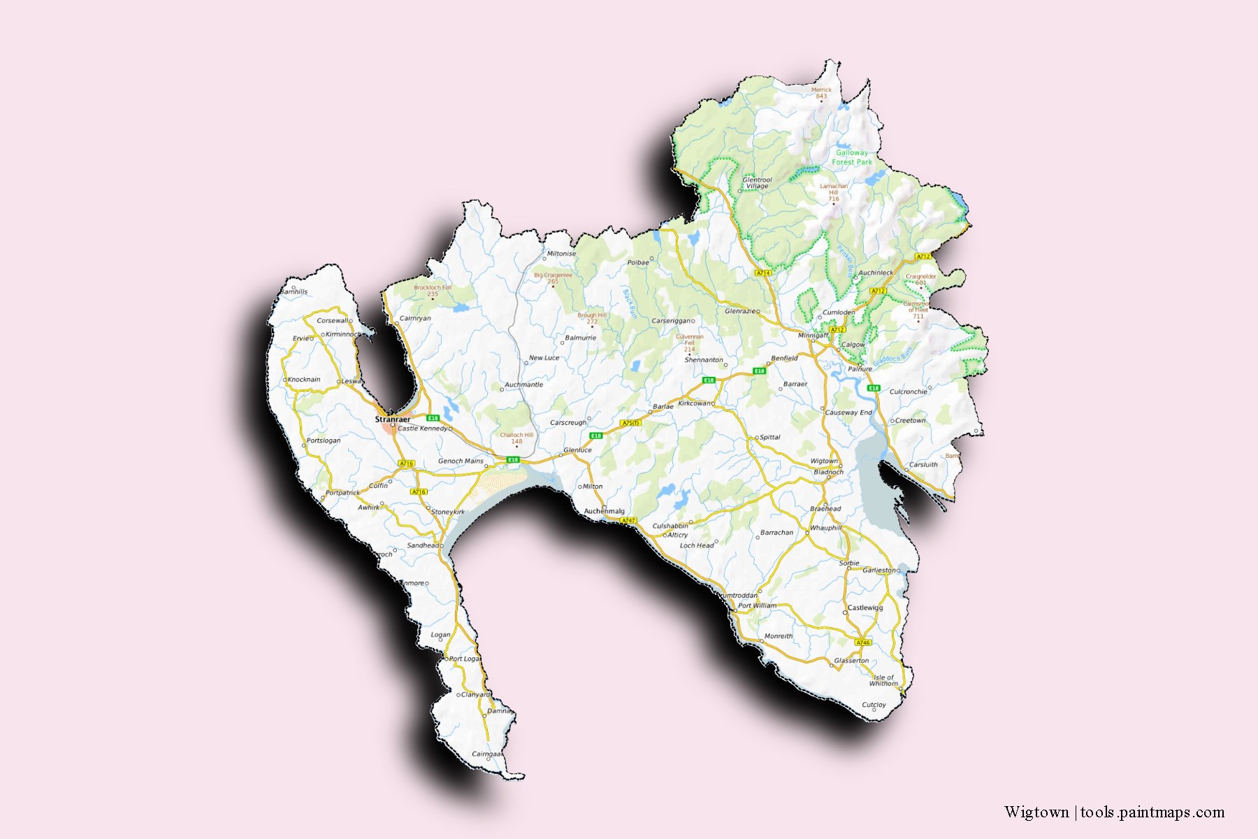 Wigtown and counties map with 3D shadow effect