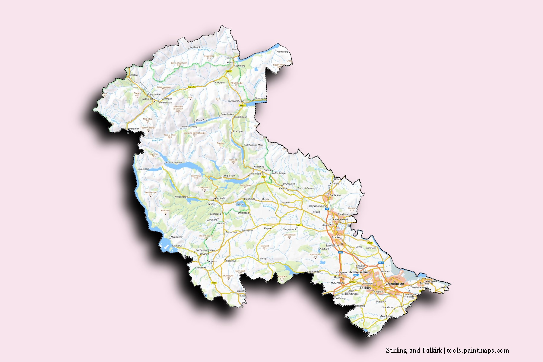 3D gölge efektli Stirling and Falkirk ve ilçeleri haritası