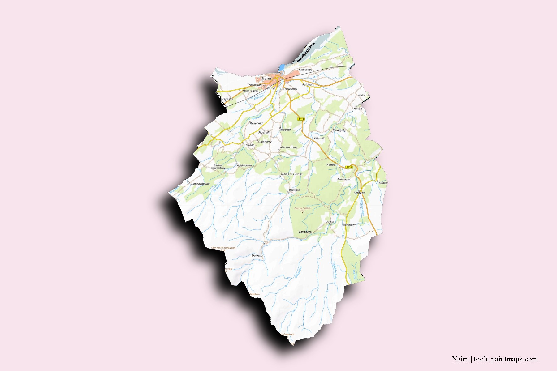 Nairn and counties map with 3D shadow effect