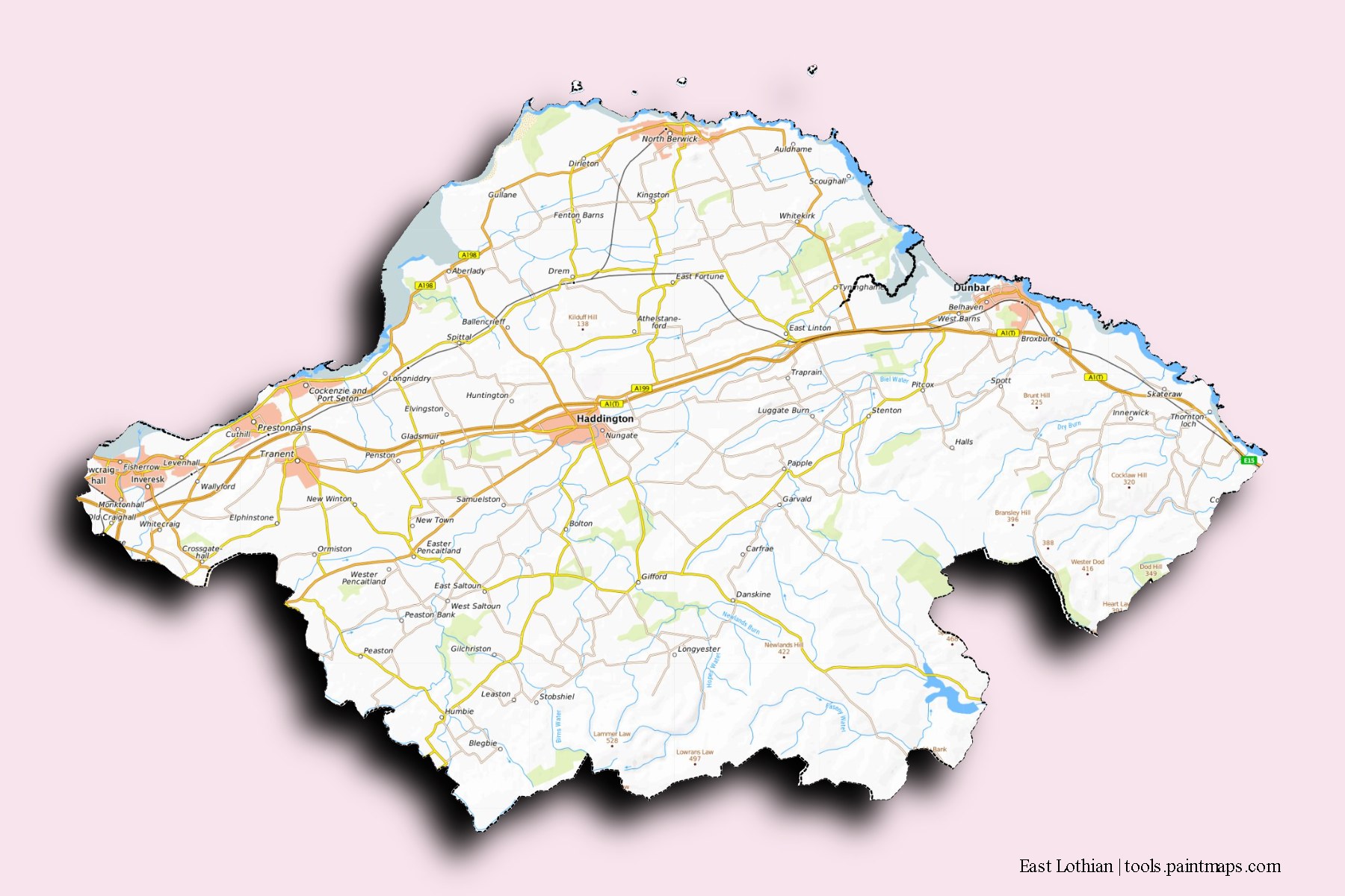 Mapa de East Lothian y sus distritos con efecto de sombra 3D