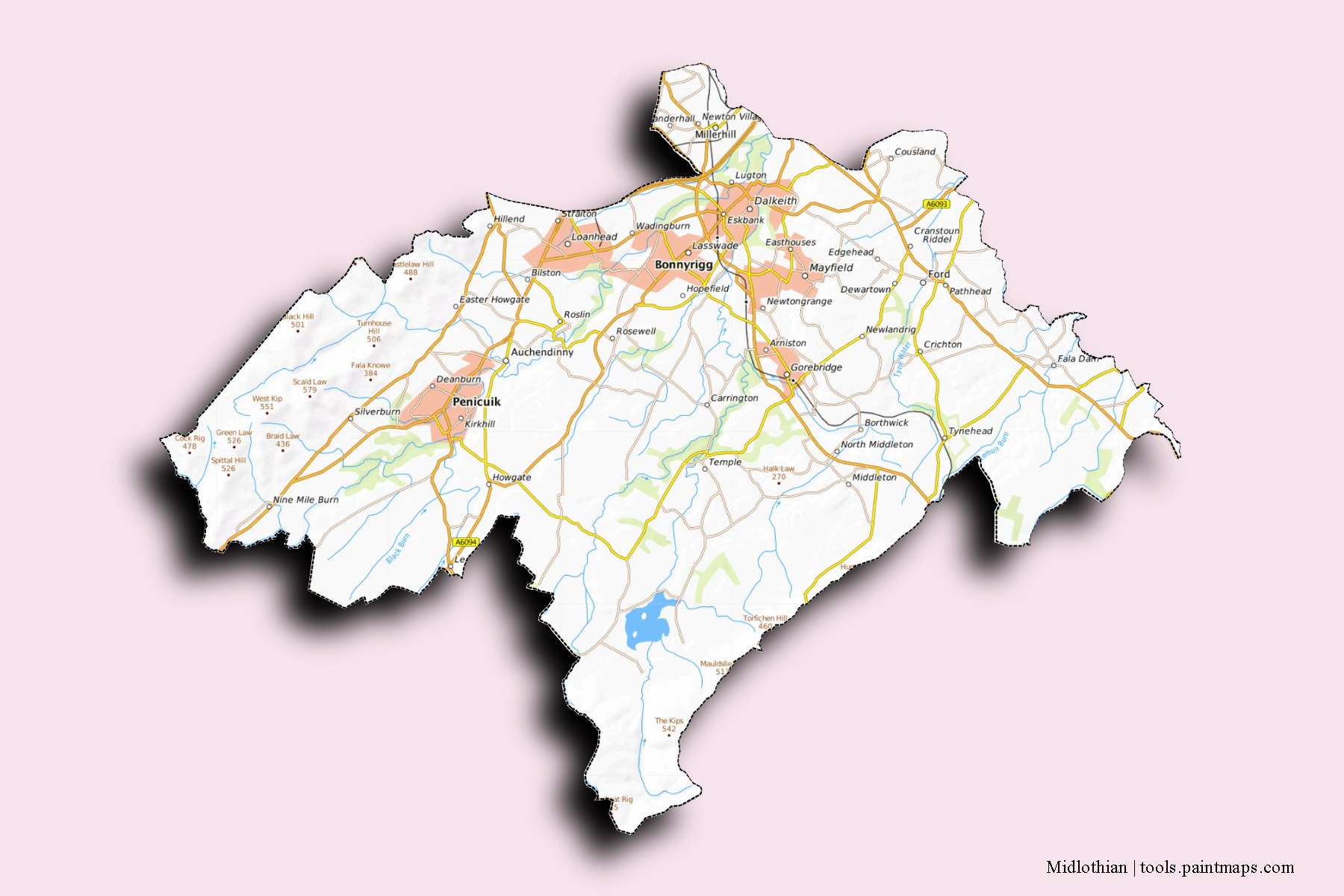 Midlothian and counties map with 3D shadow effect