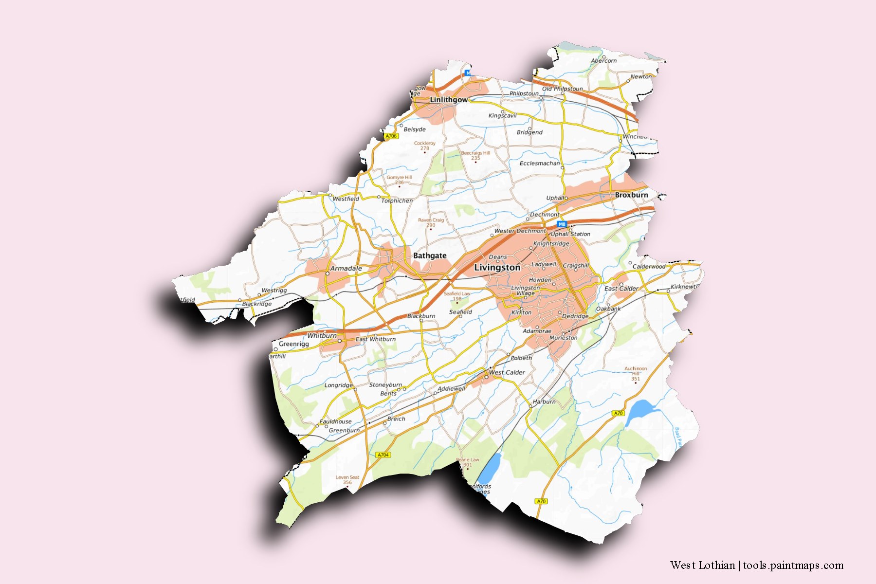 Mapa de West Lothian y sus distritos con efecto de sombra 3D