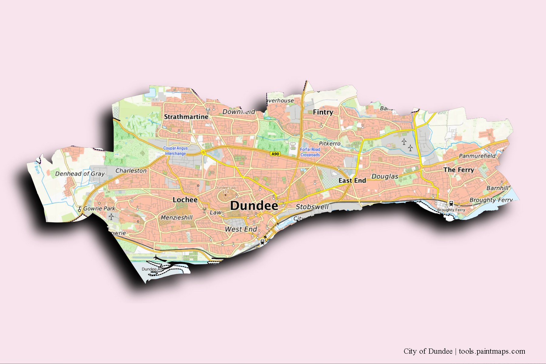 City of Dundee and counties map with 3D shadow effect