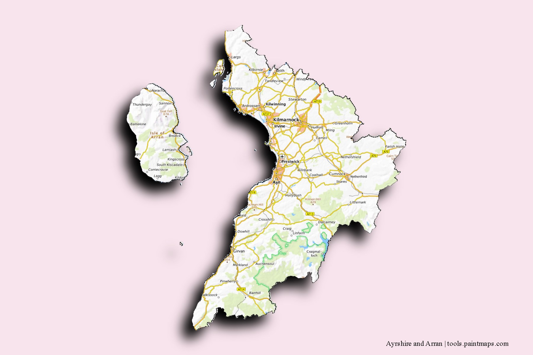 Ayrshire and Arran and counties map with 3D shadow effect