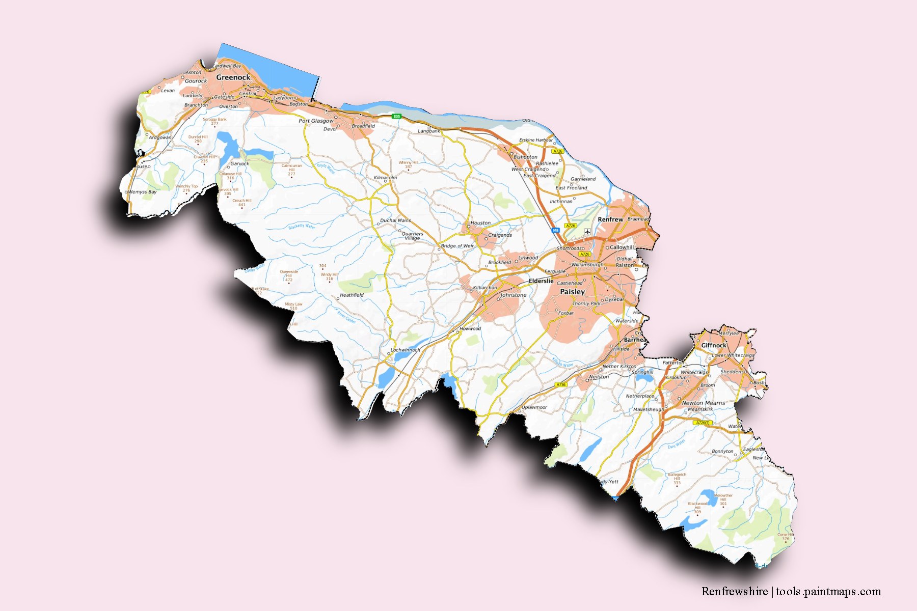 3D gölge efektli Renfrewshire ve ilçeleri haritası