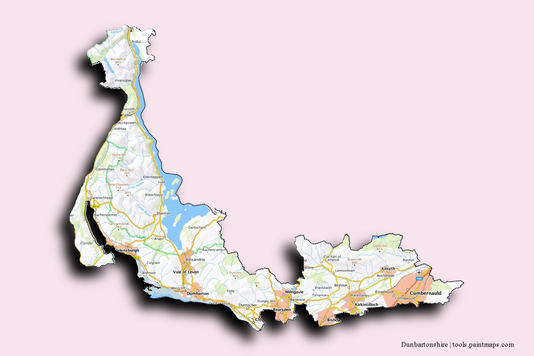 Mapa de Dunbartonshire y sus distritos con efecto de sombra 3D