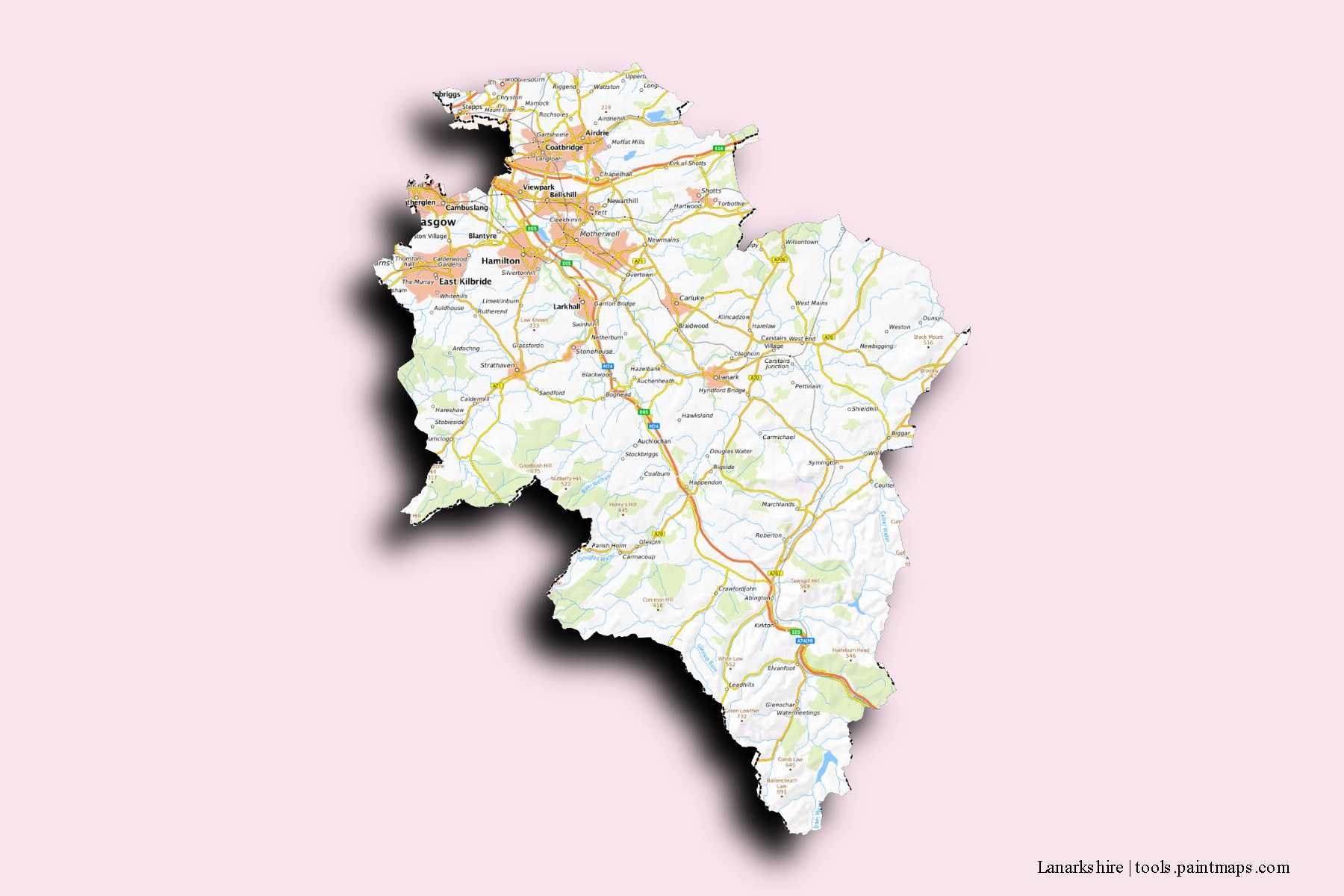 Mapa de Lanarkshire y sus distritos con efecto de sombra 3D