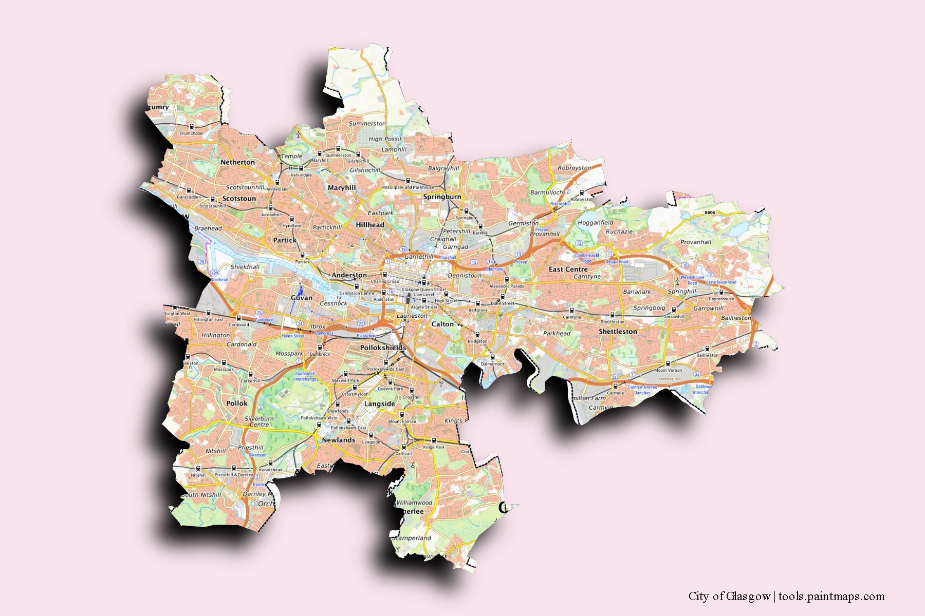 Mapa de City of Glasgow y sus distritos con efecto de sombra 3D