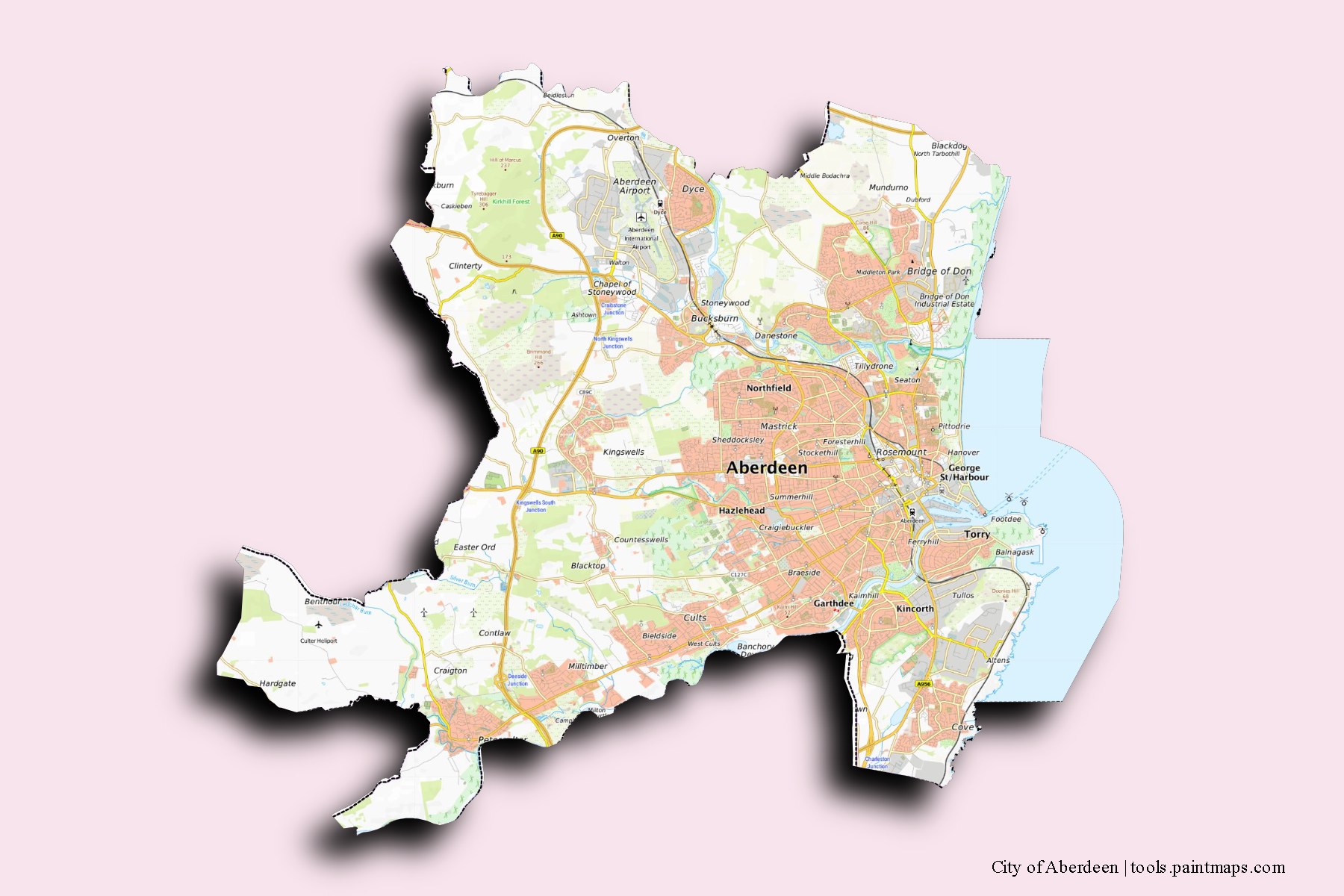 Mapa de City of Aberdeen y sus distritos con efecto de sombra 3D