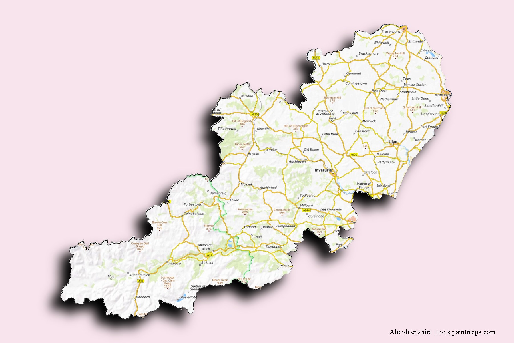 3D gölge efektli Aberdeenshire ve ilçeleri haritası