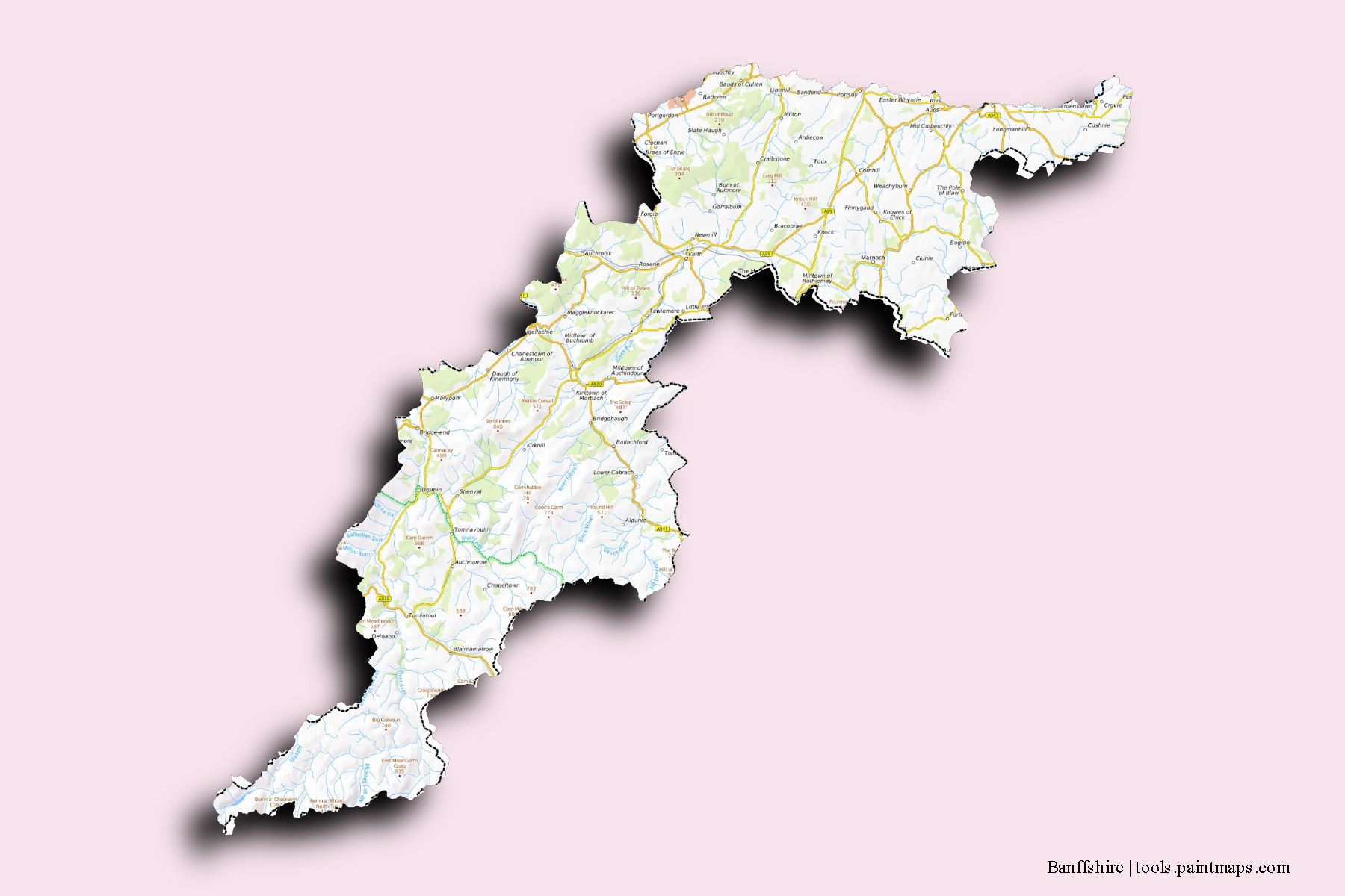 3D gölge efektli Banffshire ve ilçeleri haritası