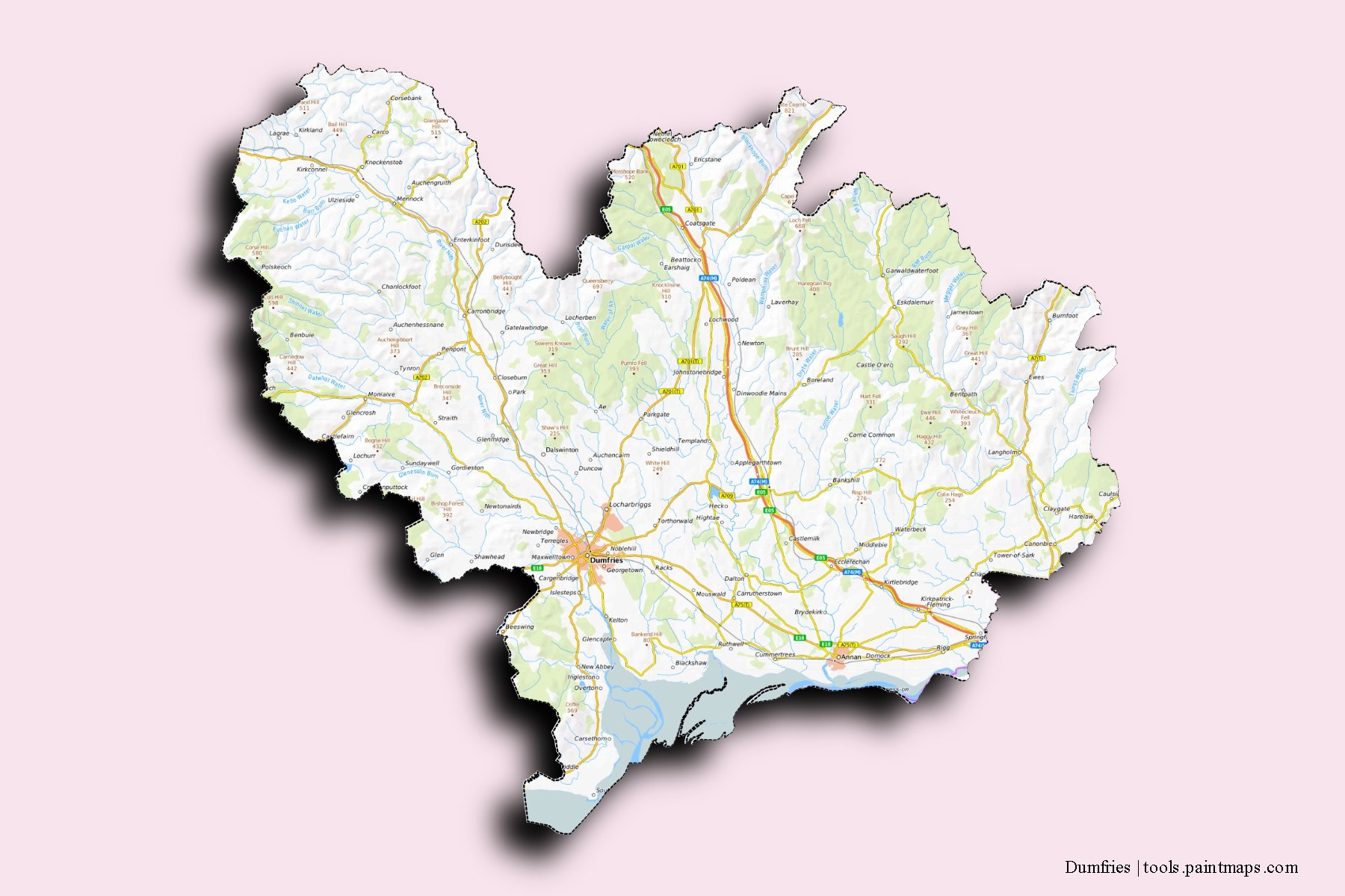 Dumfries and counties map with 3D shadow effect