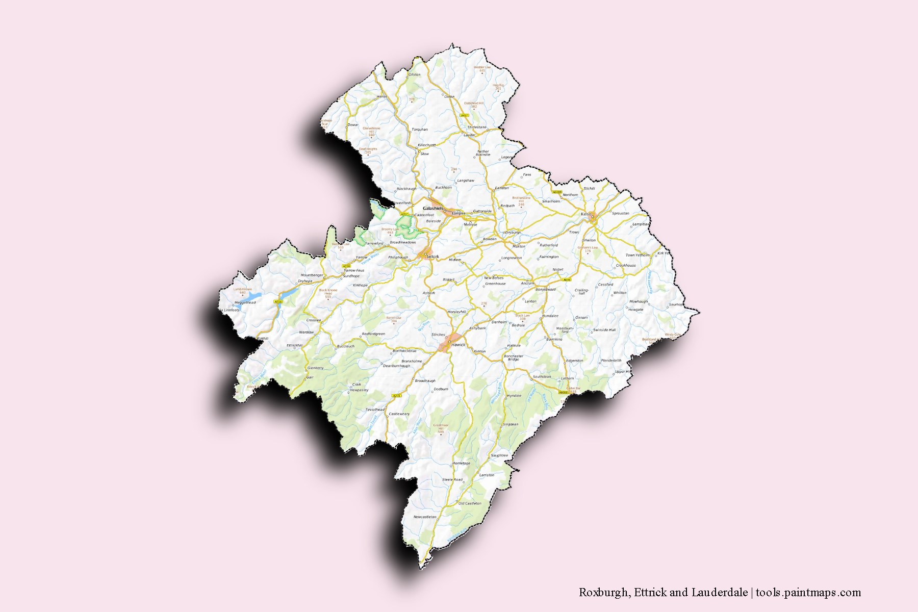 Mapa de Roxburgh, Ettrick and Lauderdale y sus distritos con efecto de sombra 3D