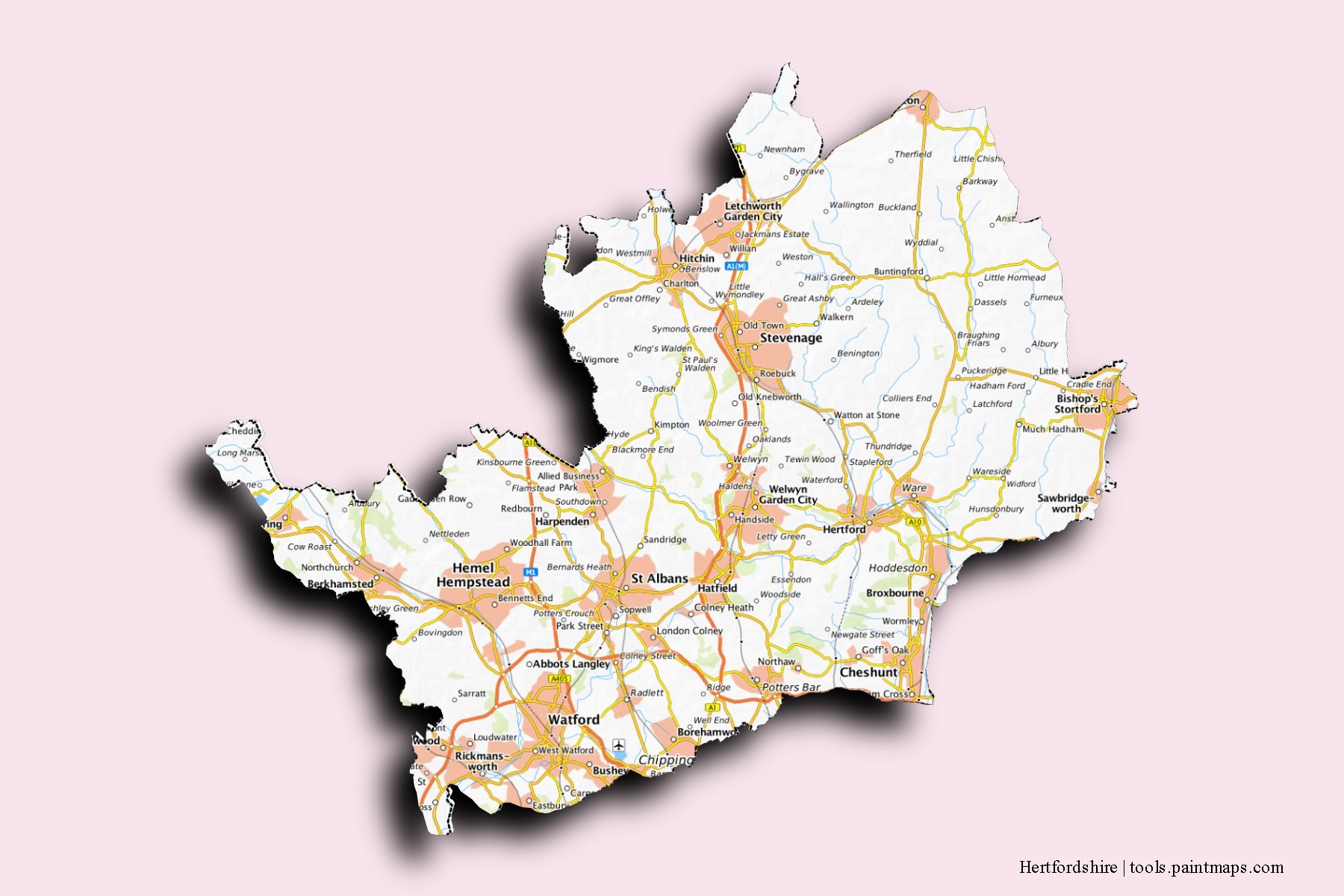 Hertfordshire neighborhoods and villages map with 3D shadow effect