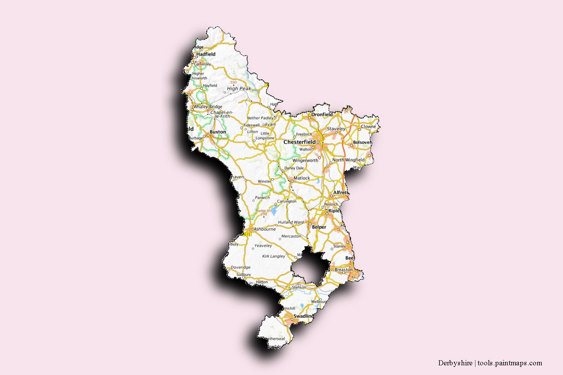 3D gölge efektli Derbyshire mahalleleri ve köyleri haritası