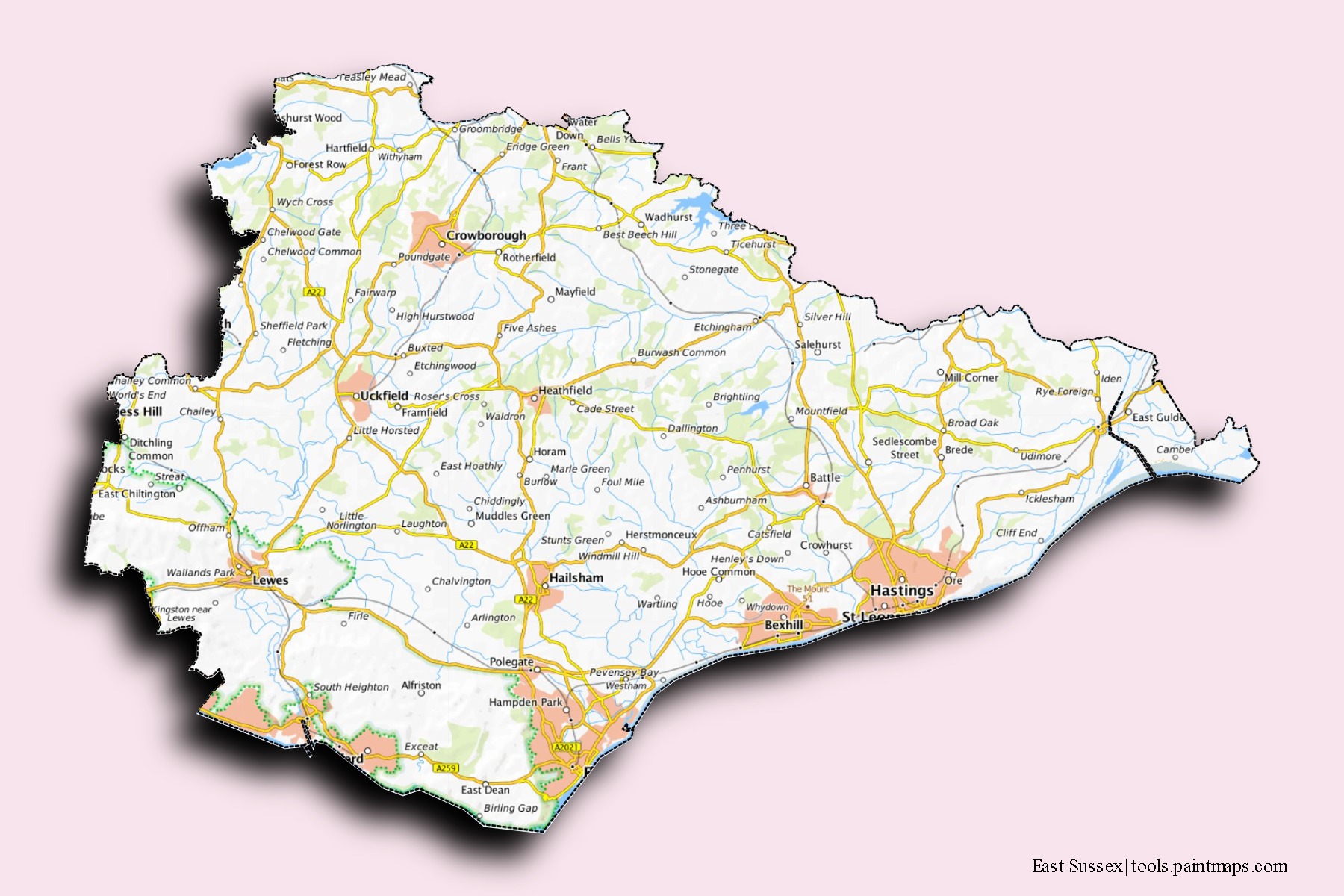 Mapa de barrios y pueblos de East Sussex con efecto de sombra 3D