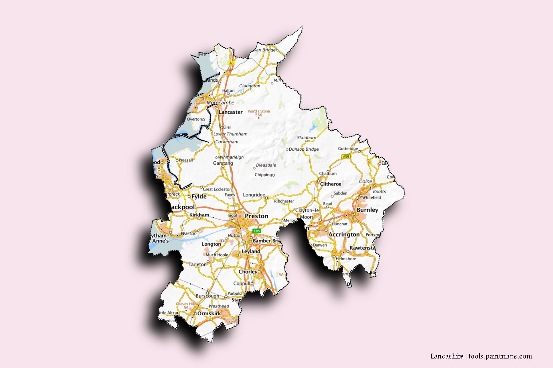 Mapa de barrios y pueblos de Lancashire con efecto de sombra 3D