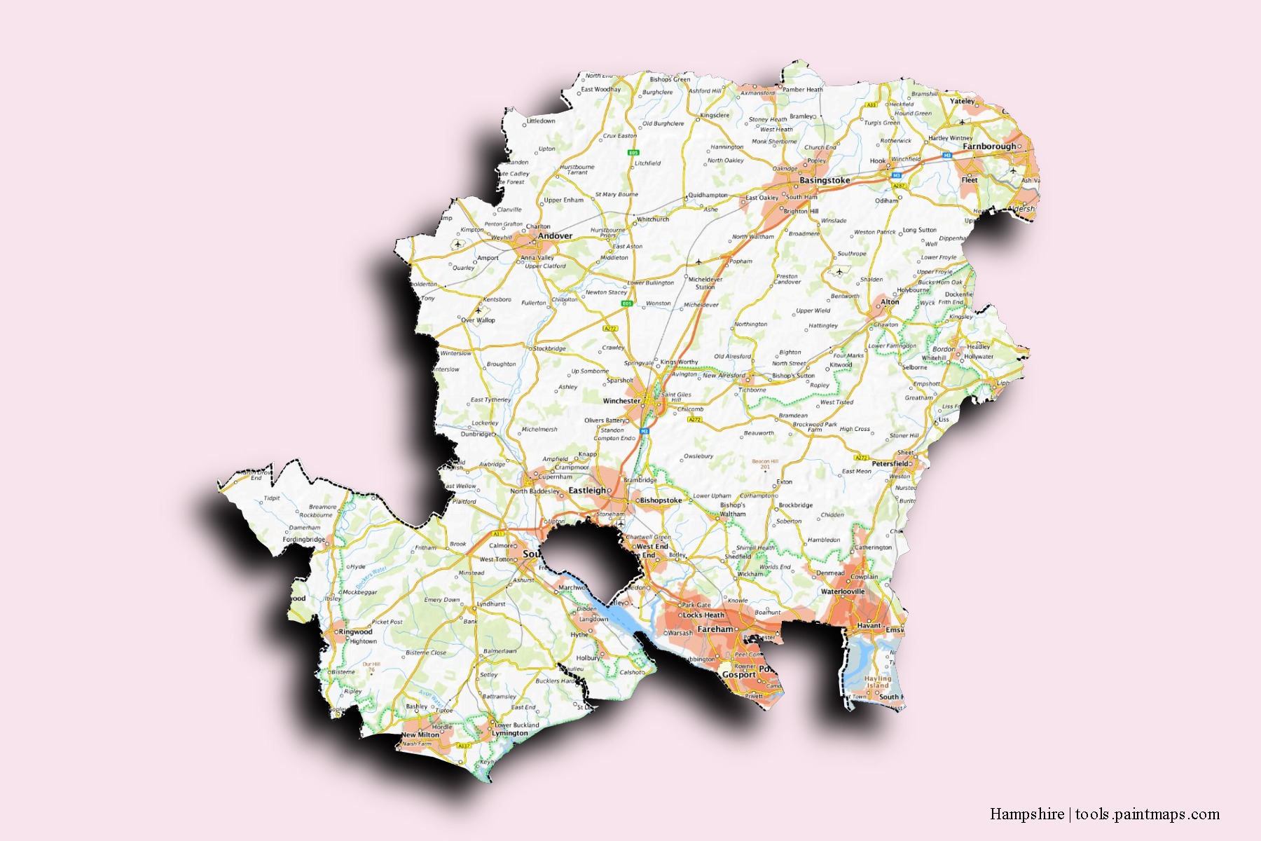 3D gölge efektli Hampshire mahalleleri ve köyleri haritası