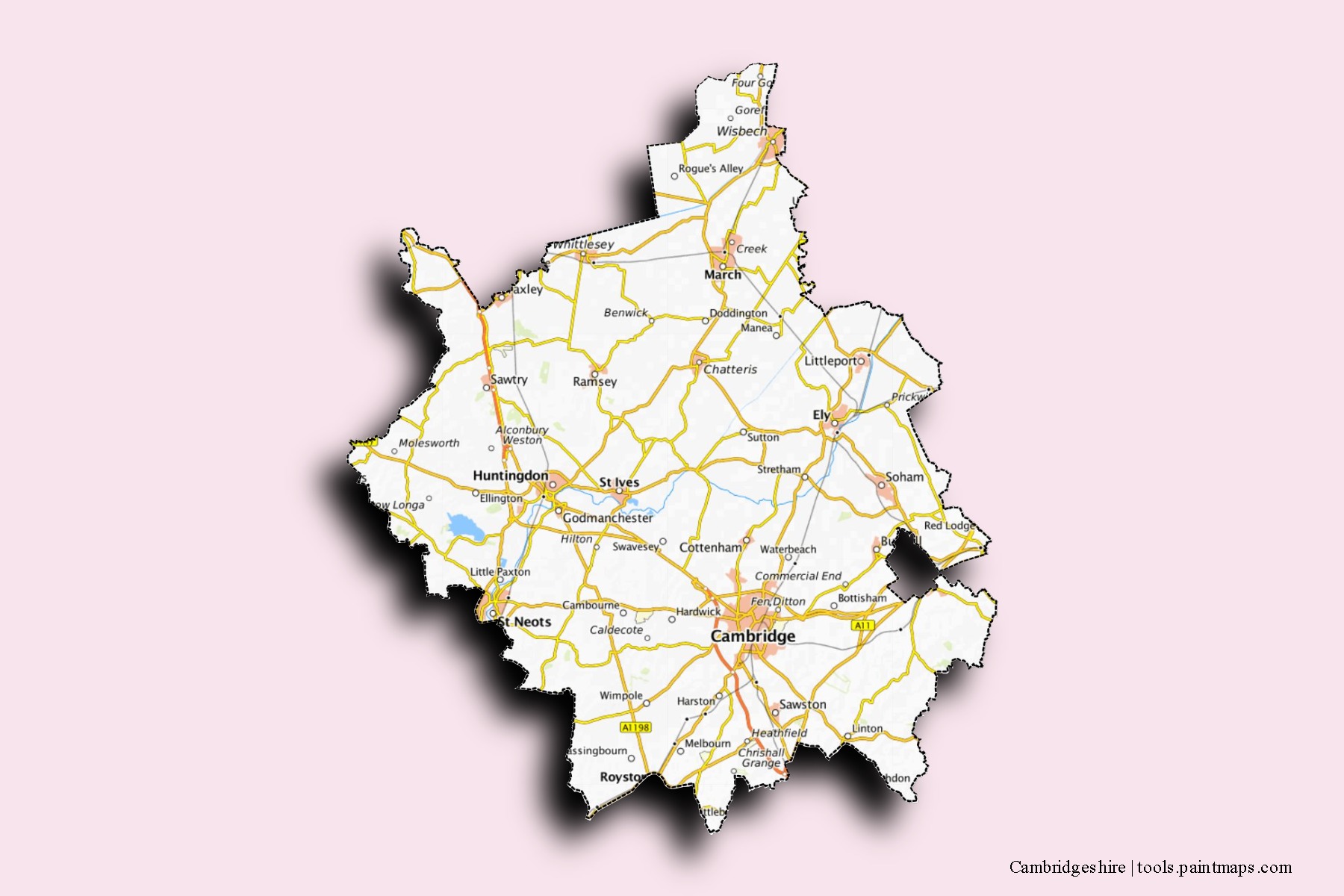 Mapa de barrios y pueblos de Cambridgeshire con efecto de sombra 3D