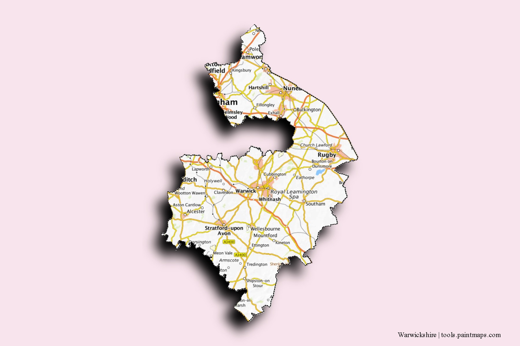 Mapa de barrios y pueblos de Warwickshire con efecto de sombra 3D