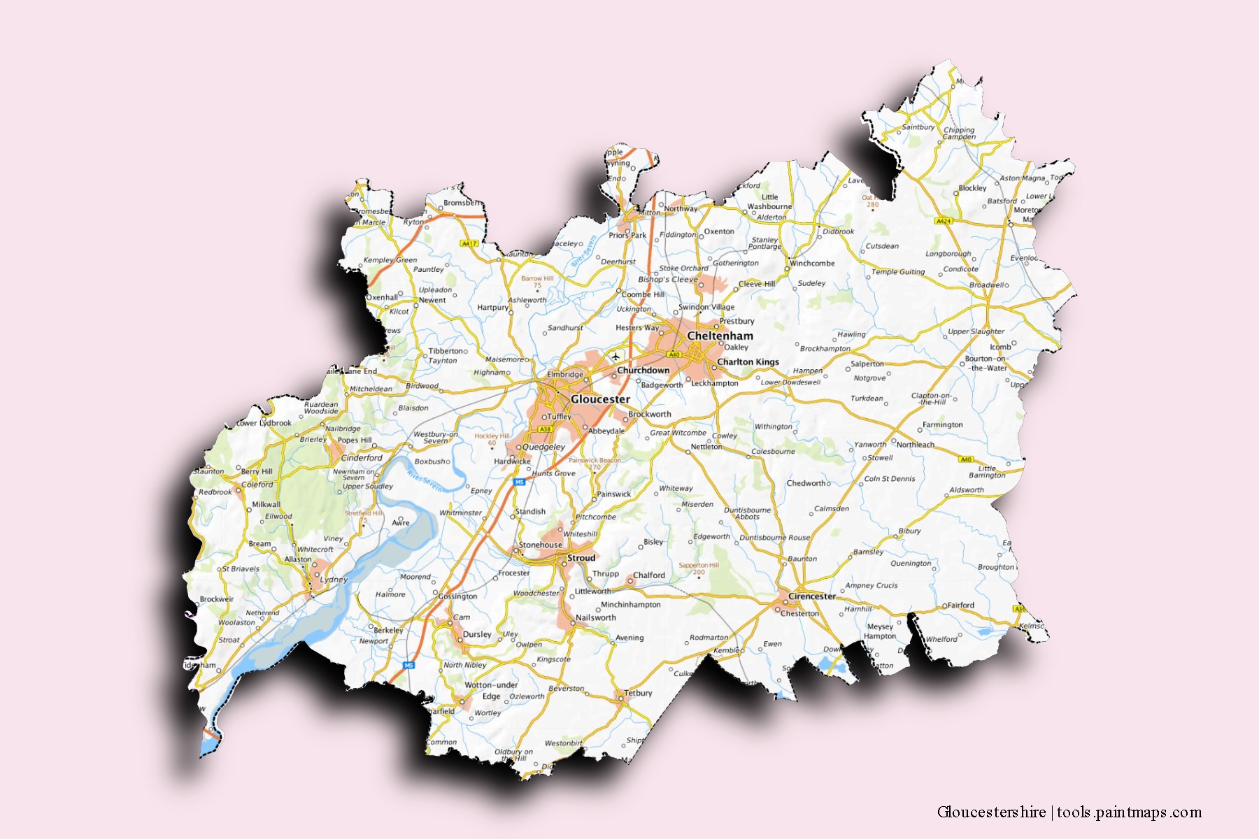 Gloucestershire neighborhoods and villages map with 3D shadow effect