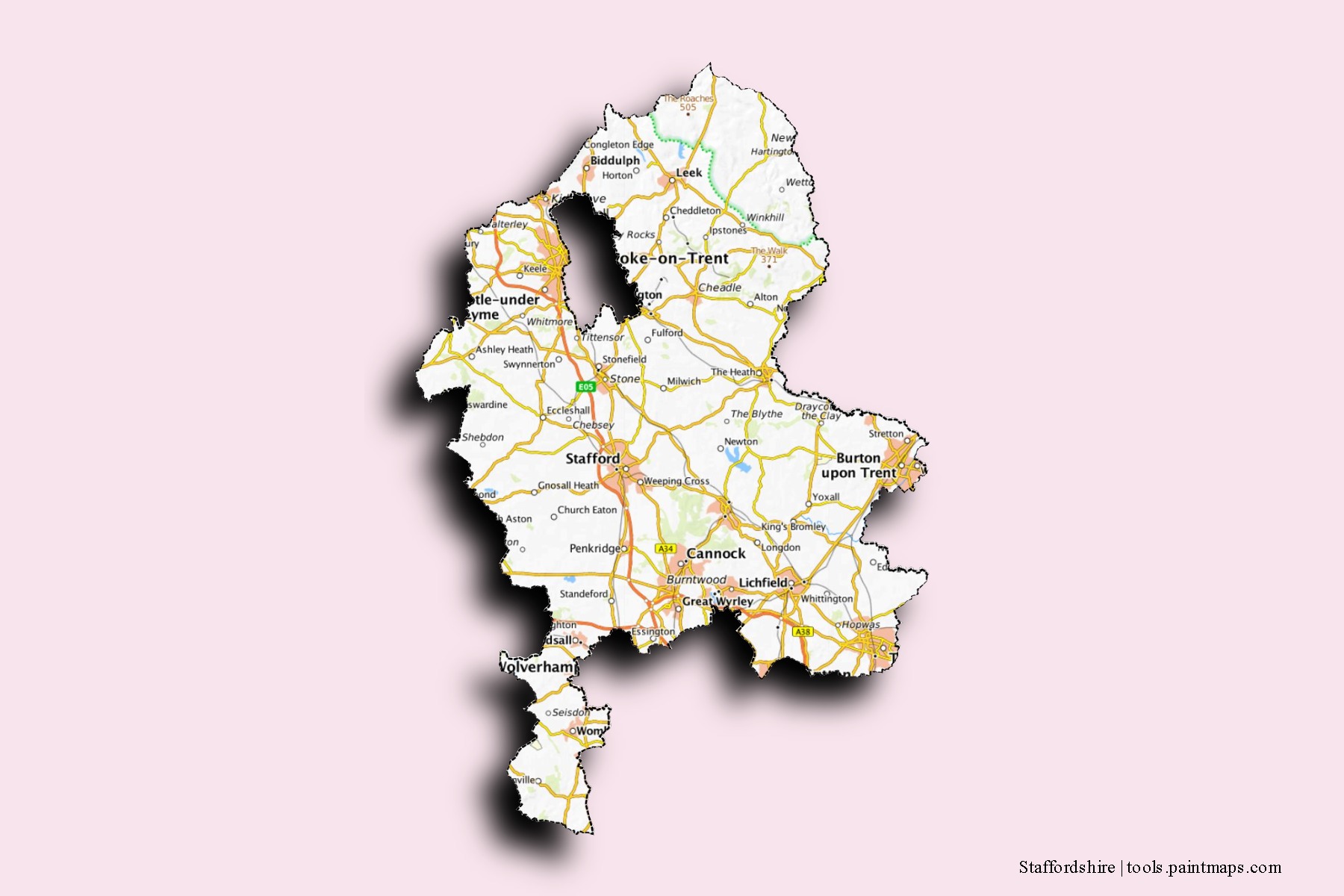 Staffordshire neighborhoods and villages map with 3D shadow effect