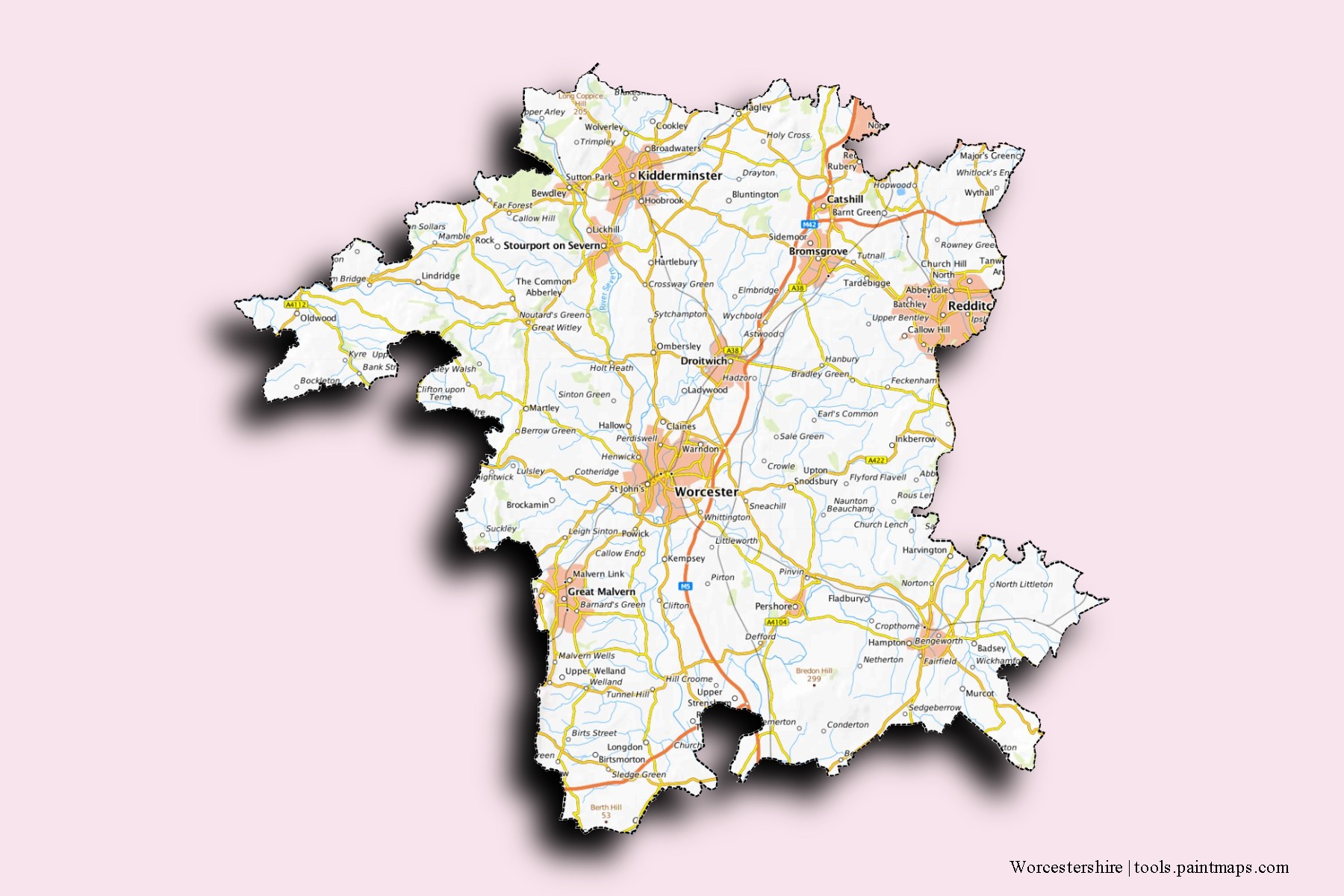 Mapa de barrios y pueblos de Worcestershire con efecto de sombra 3D