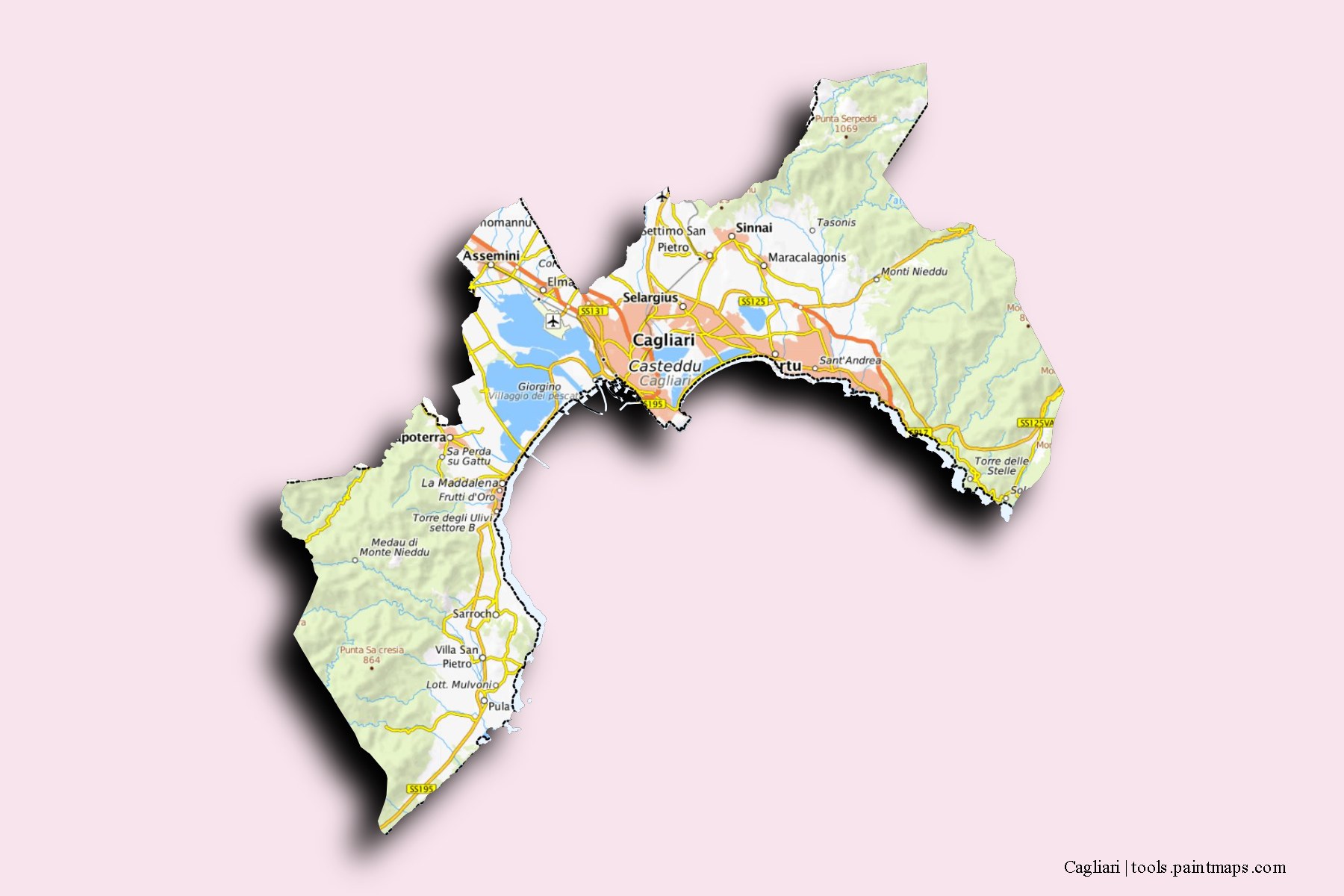 Mapa de Cagliari y sus distritos con efecto de sombra 3D